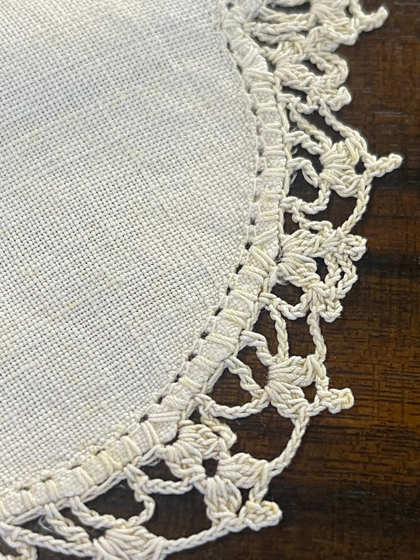 Vintage Hand-Embroidered Linen Doily Set with Orchid Motif & Crochet Lace