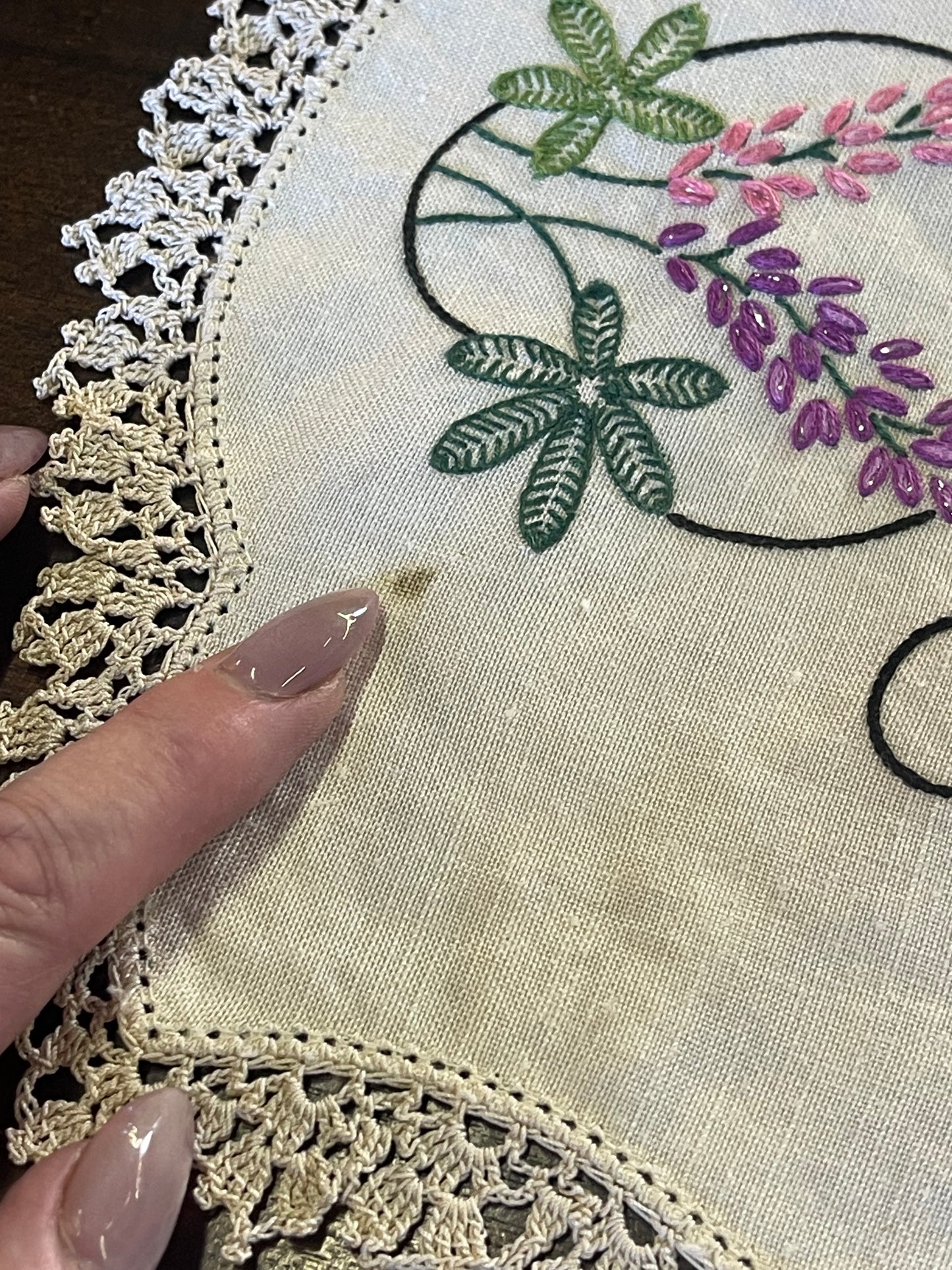 Vintage Hand-Embroidered Linen Doily Set with Crochet Edging