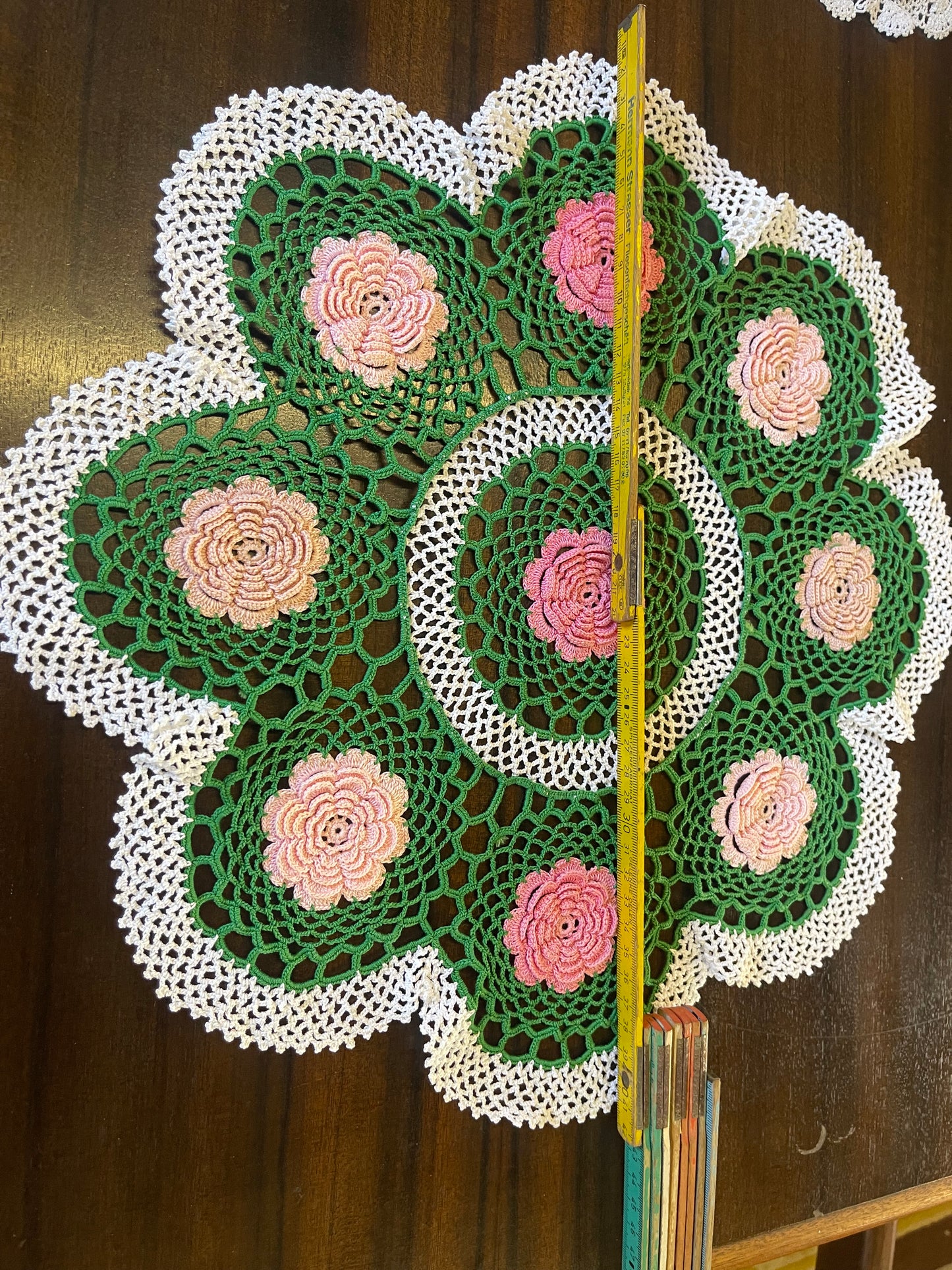 Vintage Hand-Crocheted Floral Doily – Pink & Green