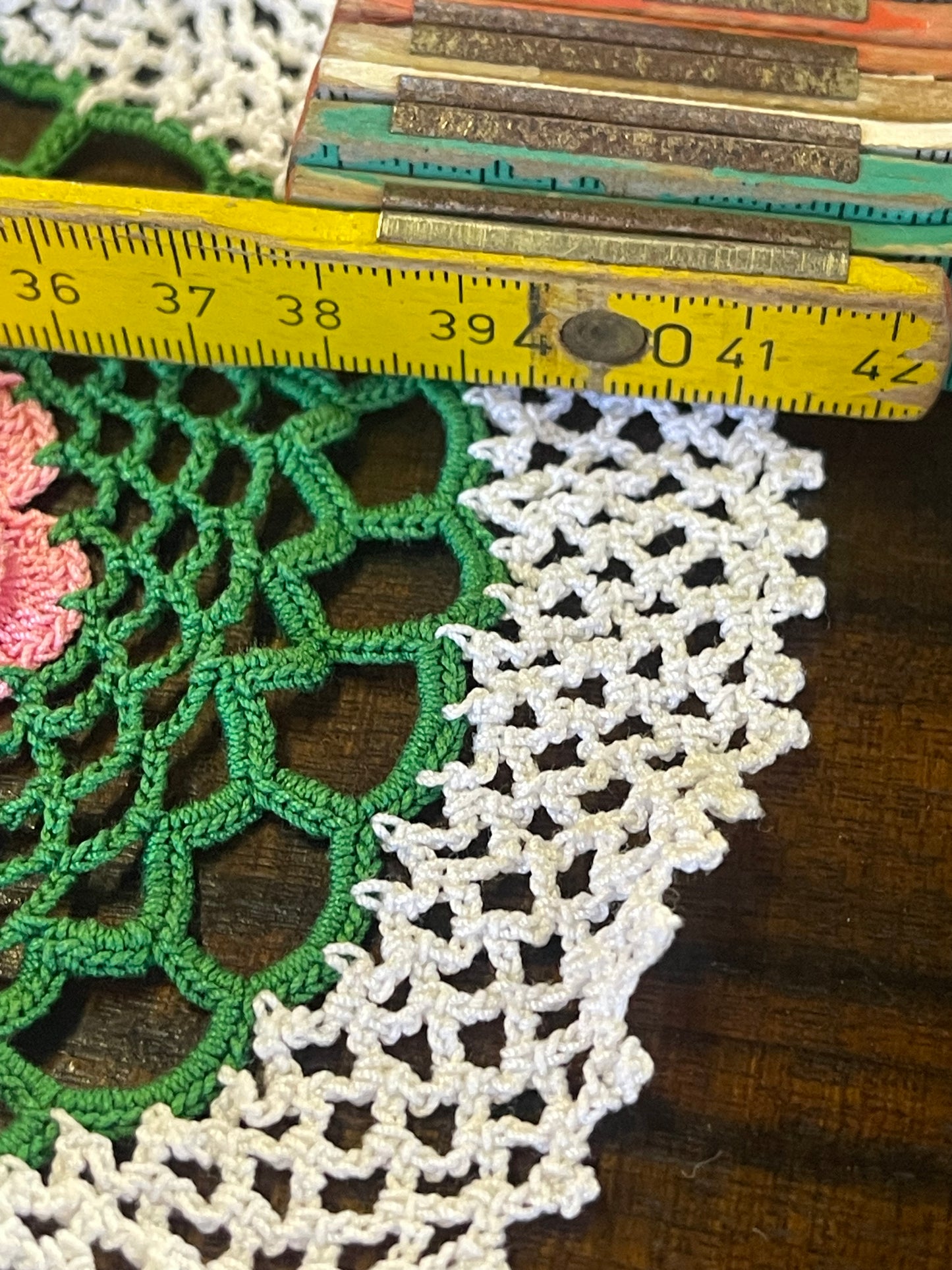 Vintage Hand-Crocheted Floral Doily – Pink & Green