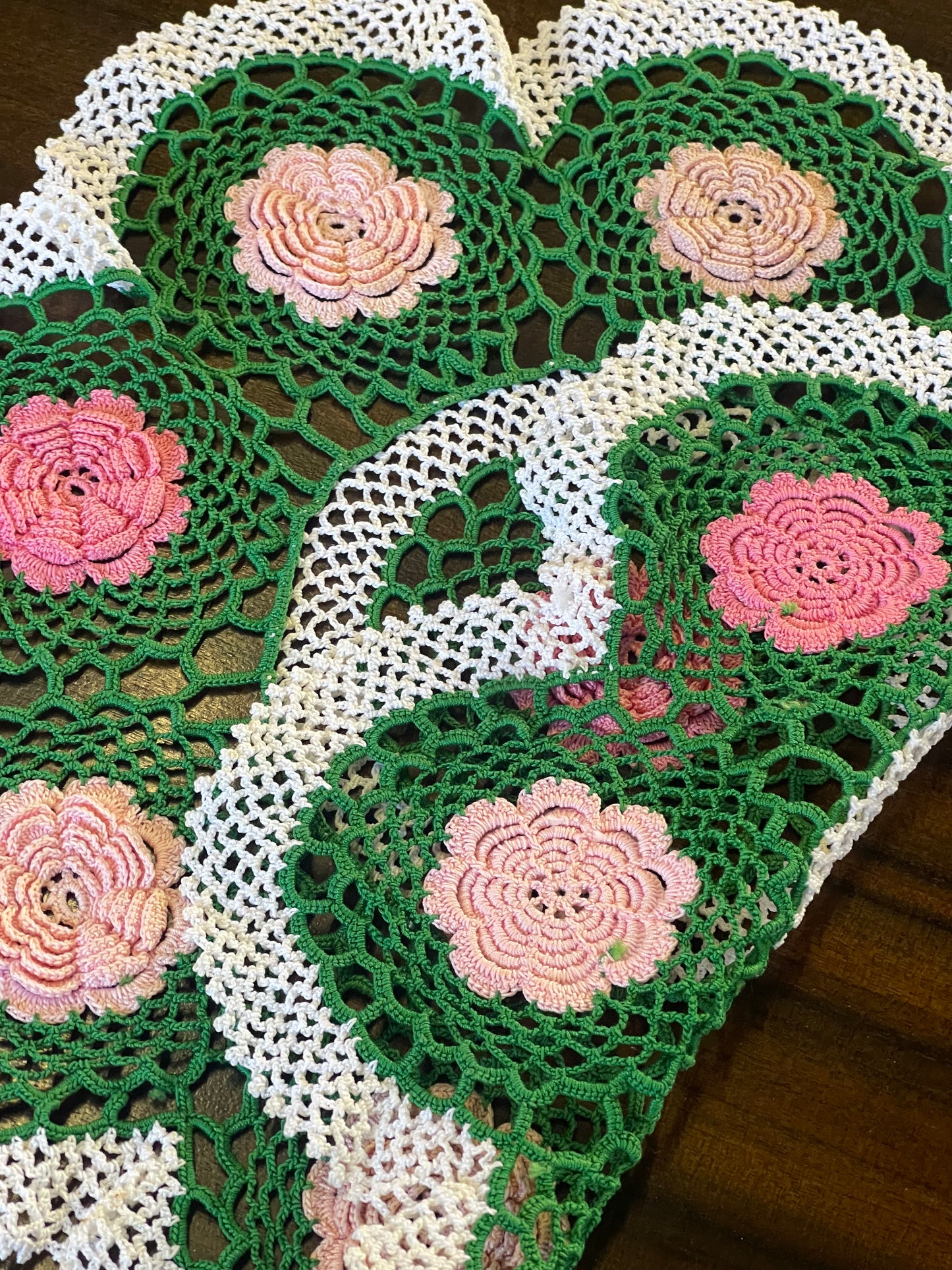 Vintage Hand-Crocheted Floral Doily – Pink & Green