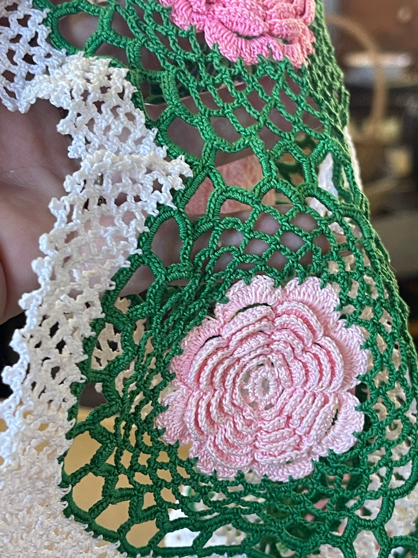 Vintage Hand-Crocheted Floral Doily – Pink & Green