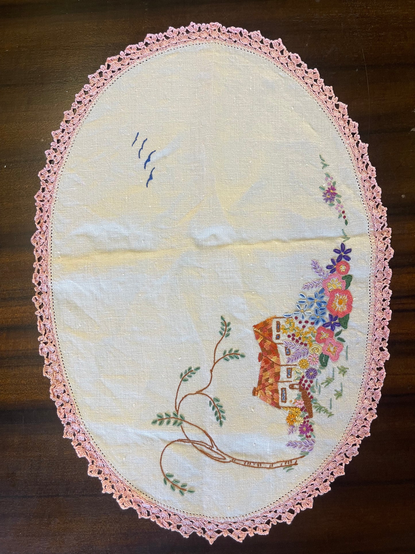 Vintage Hand-Embroidered Linen Doily with Cottage & Garden Scene
