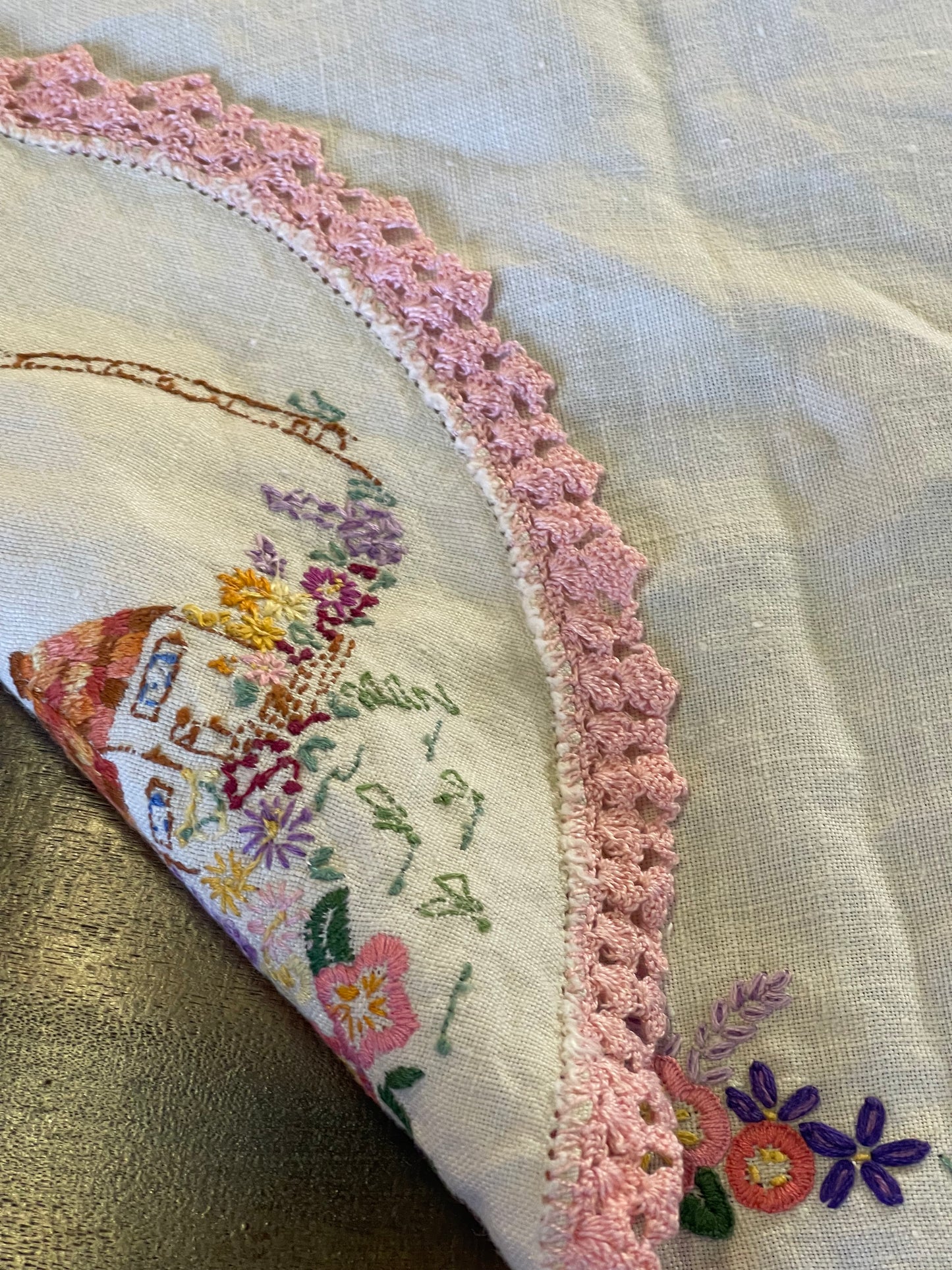 Vintage Hand-Embroidered Linen Doily with Cottage & Garden Scene