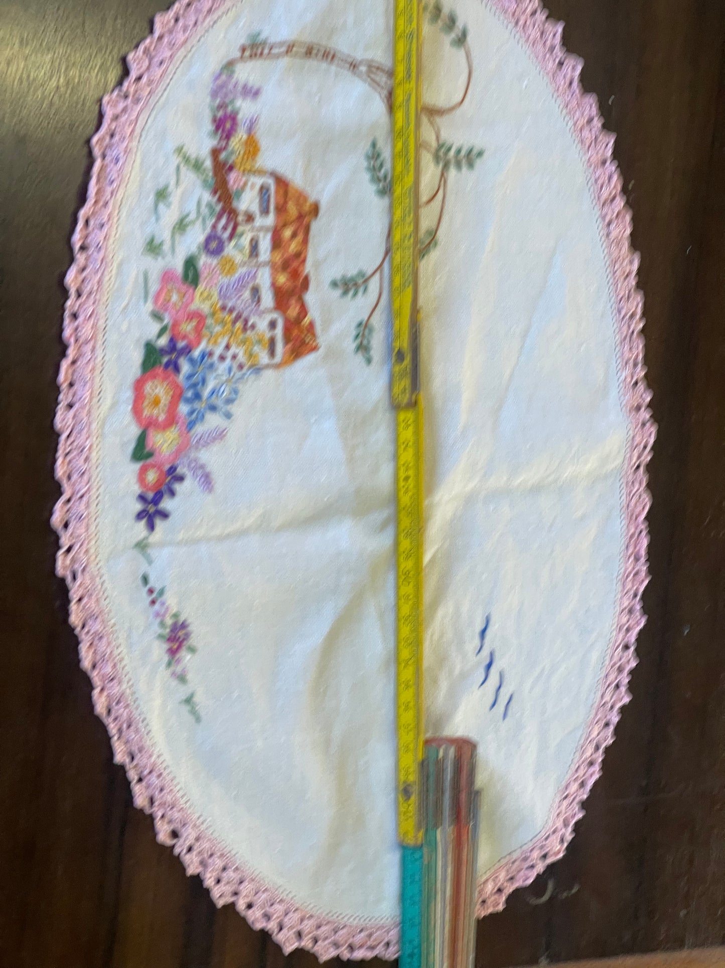 Vintage Hand-Embroidered Linen Doily with Cottage & Garden Scene