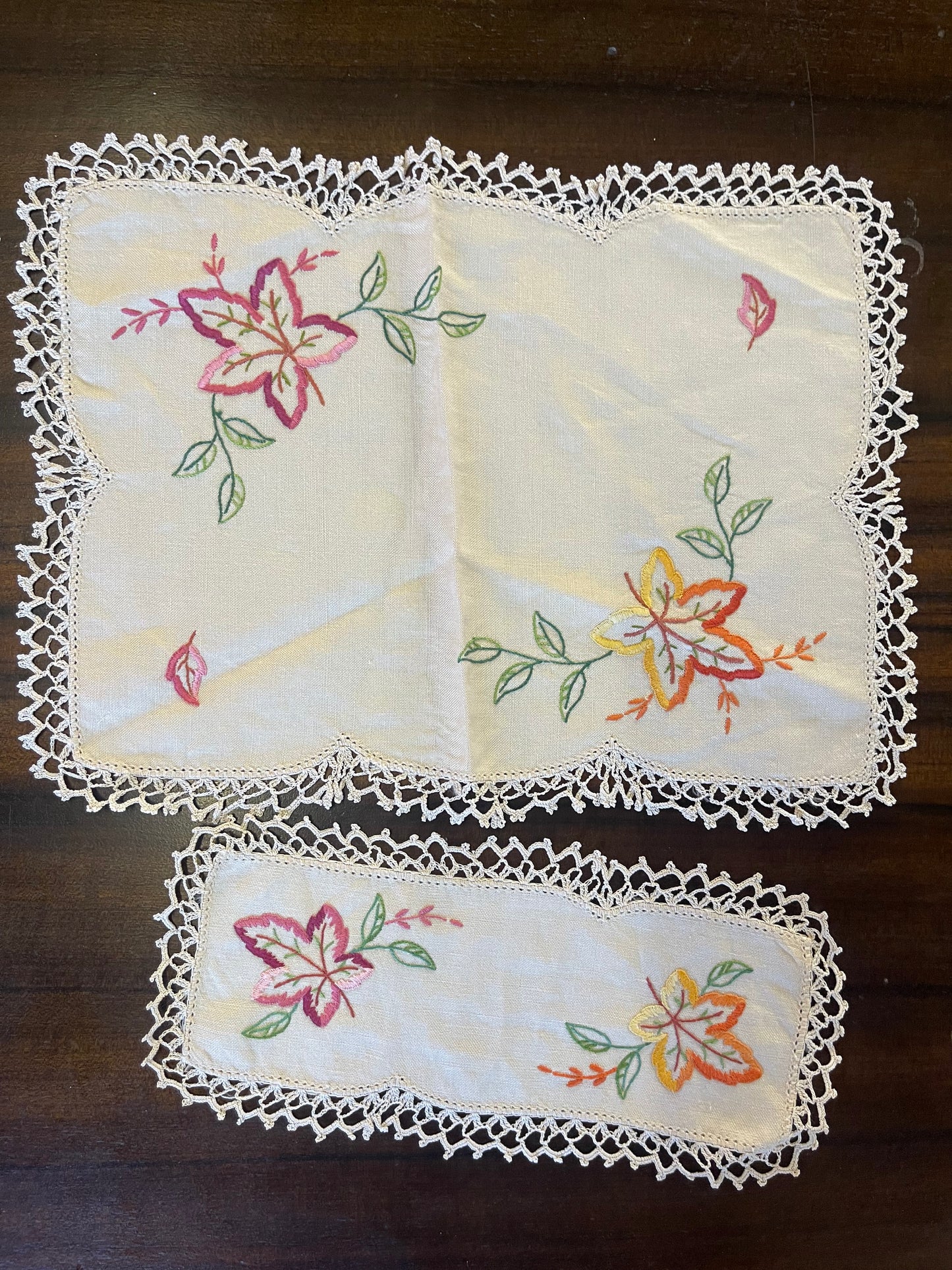 Vintage Hand-Embroidered Linen Doily Pair – Autumn Leaf Design