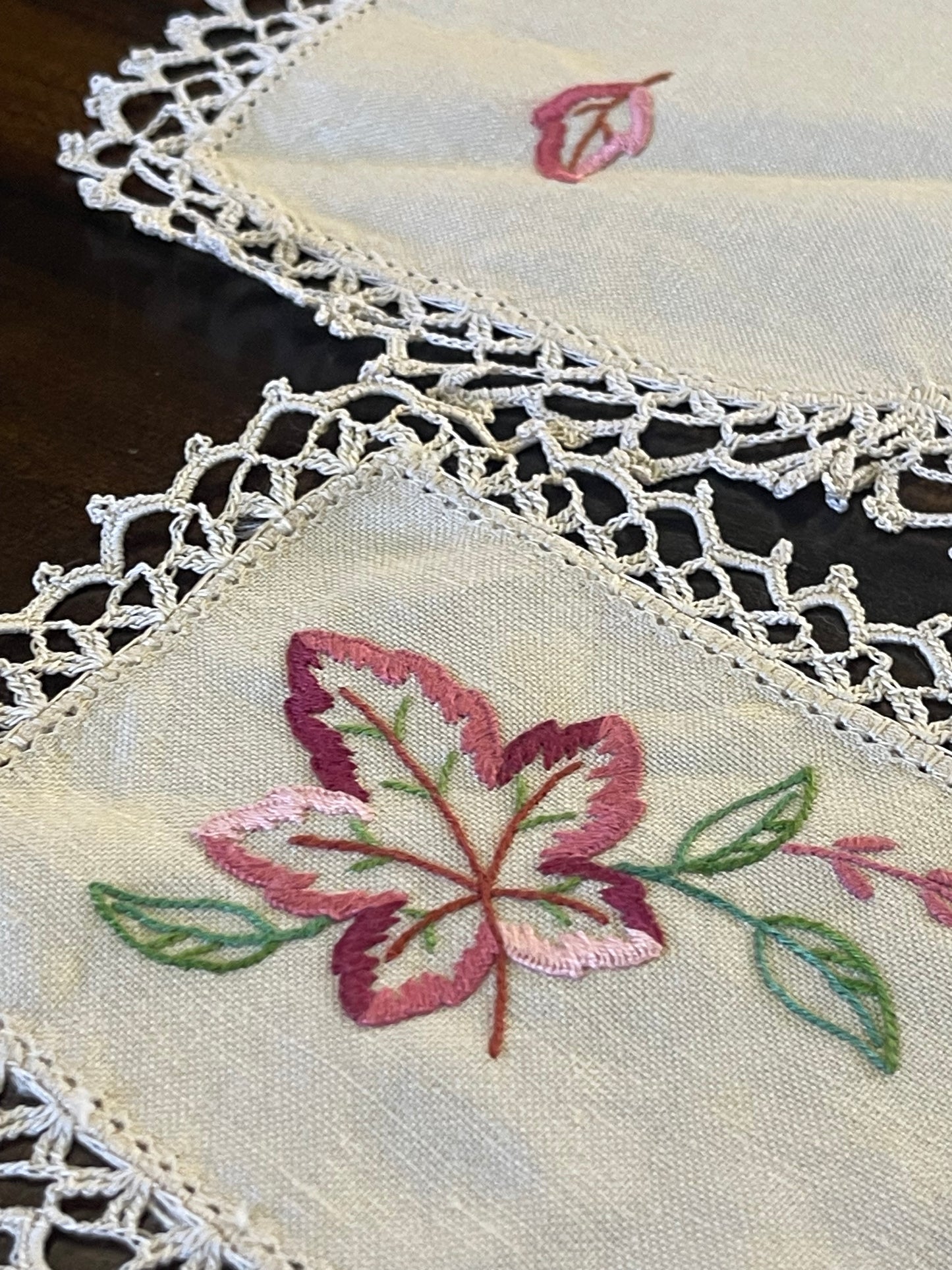 Vintage Hand-Embroidered Linen Doily Pair – Autumn Leaf Design