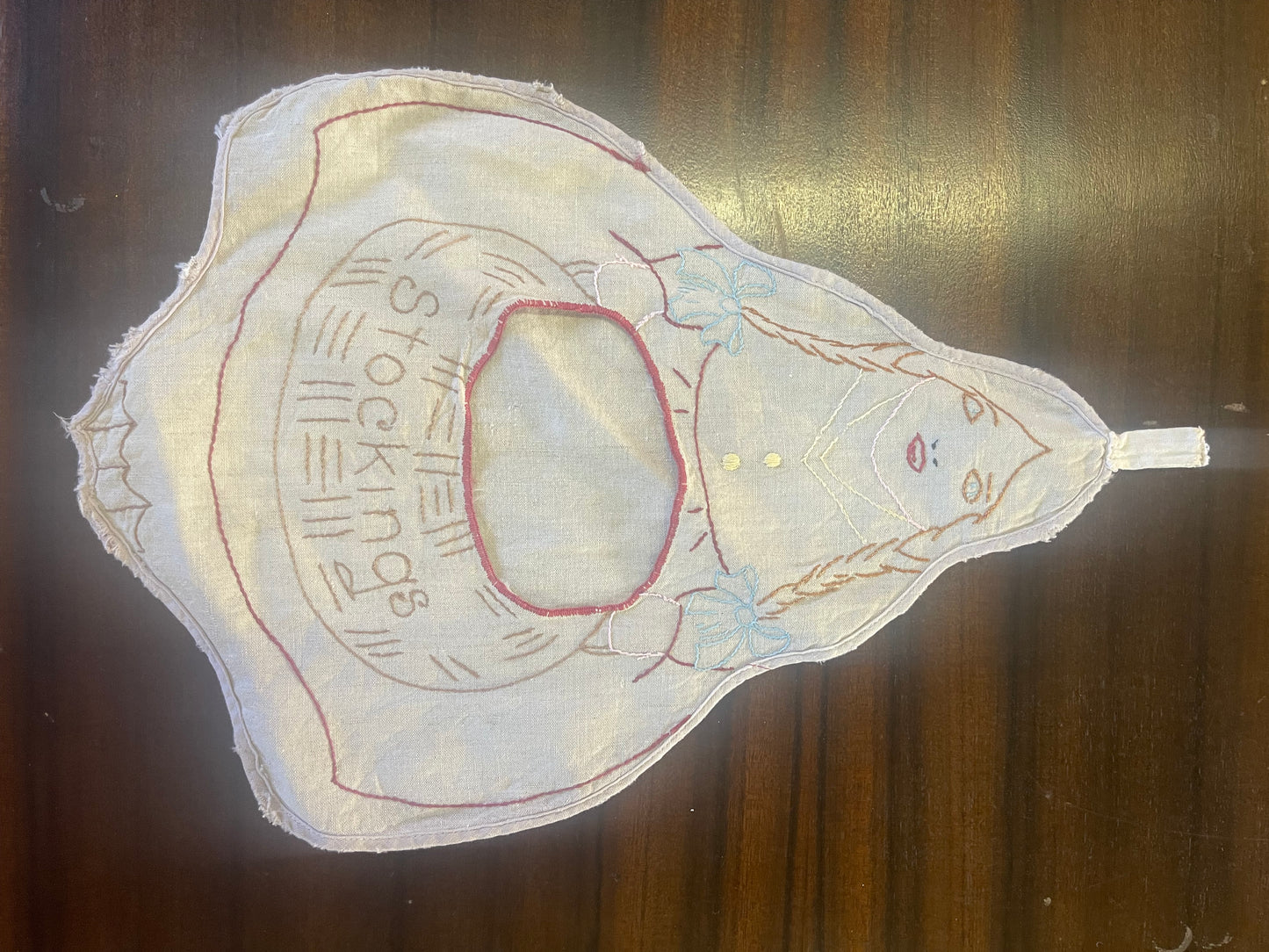Vintage Hand-Embroidered Linen Stocking Holder – Doll Motif