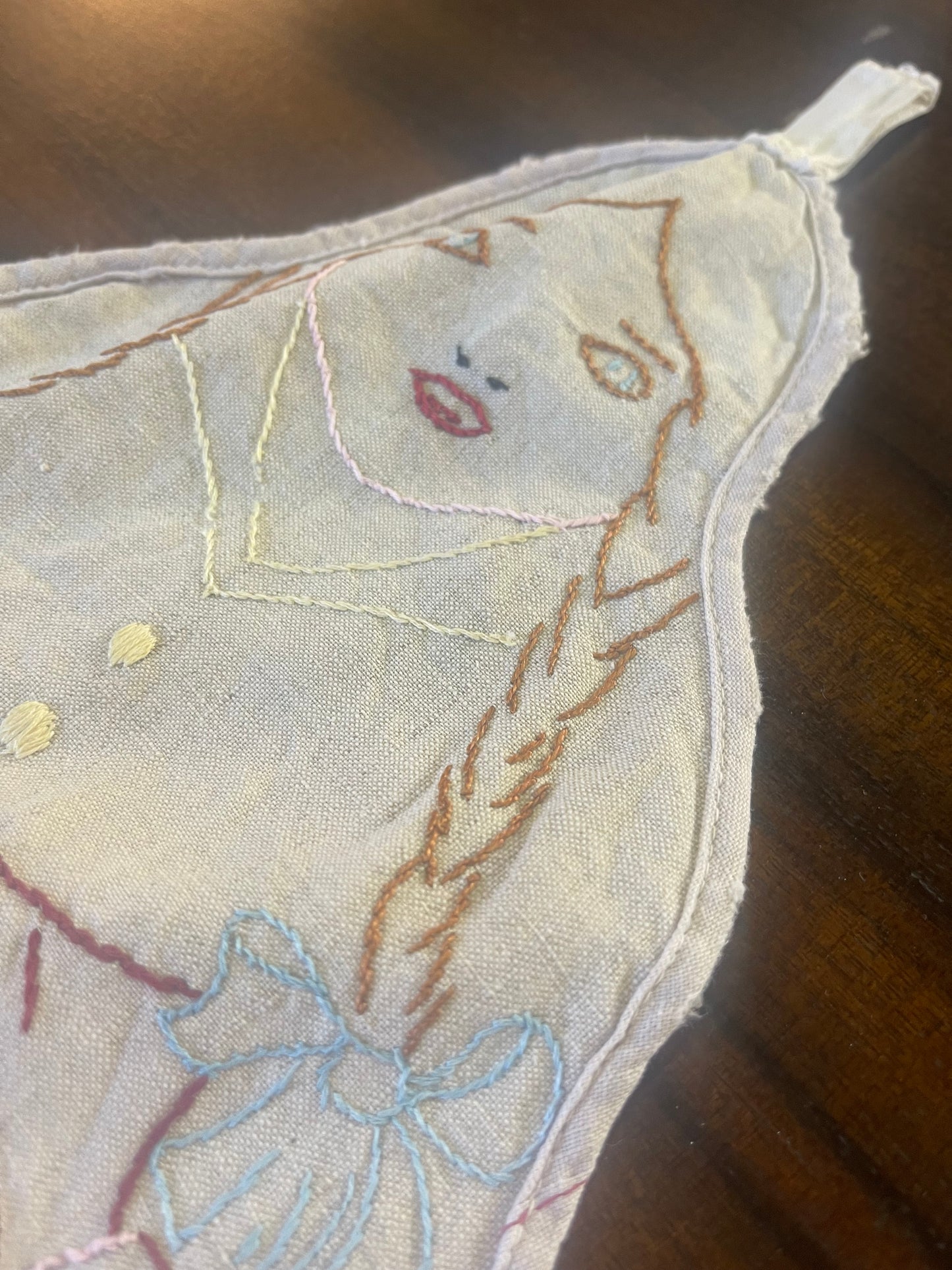Vintage Hand-Embroidered Linen Stocking Holder – Doll Motif
