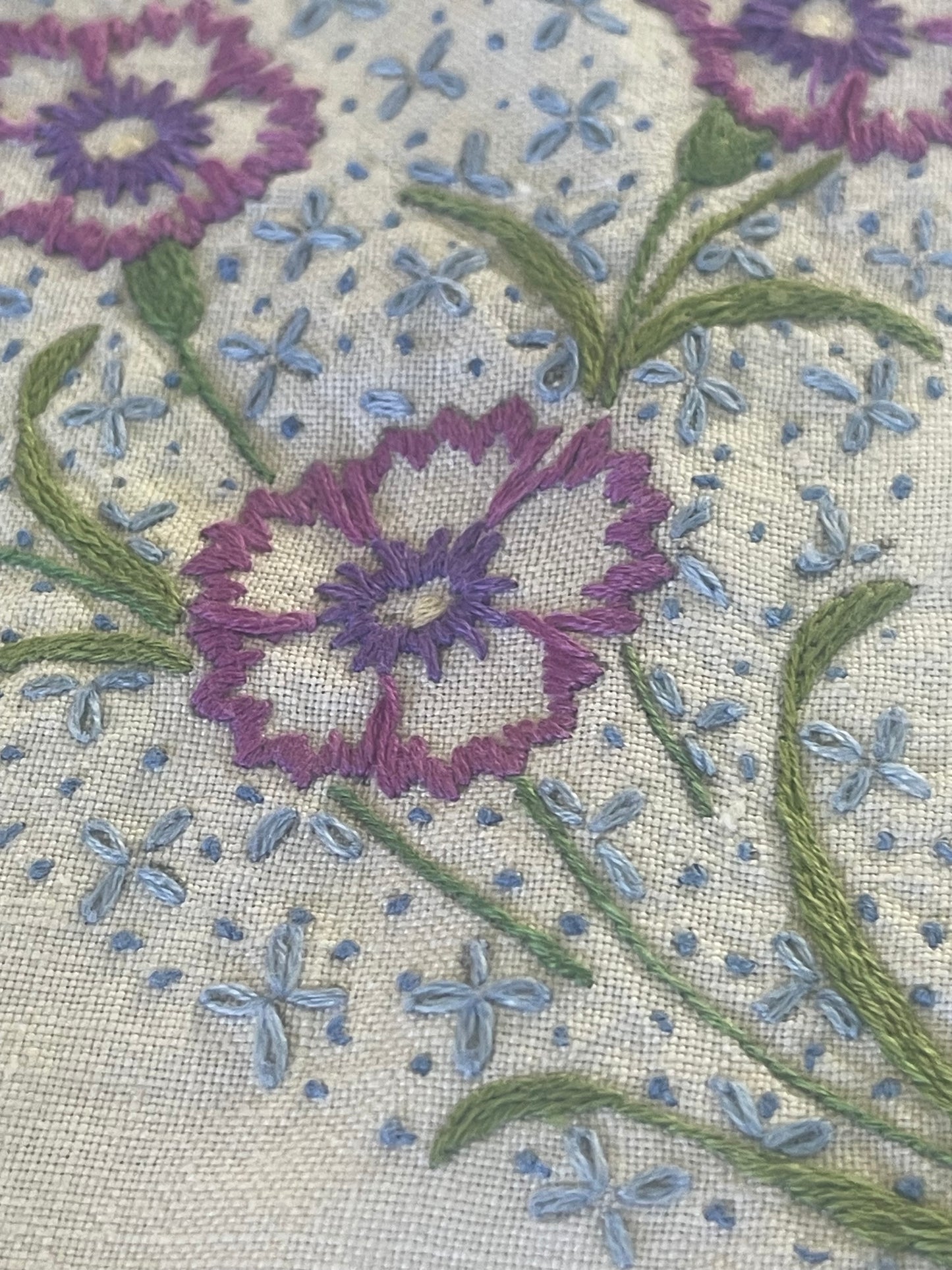 Vintage Hand-Embroidered Linen Doily – Purple & Blue Florals with Lace Edge
