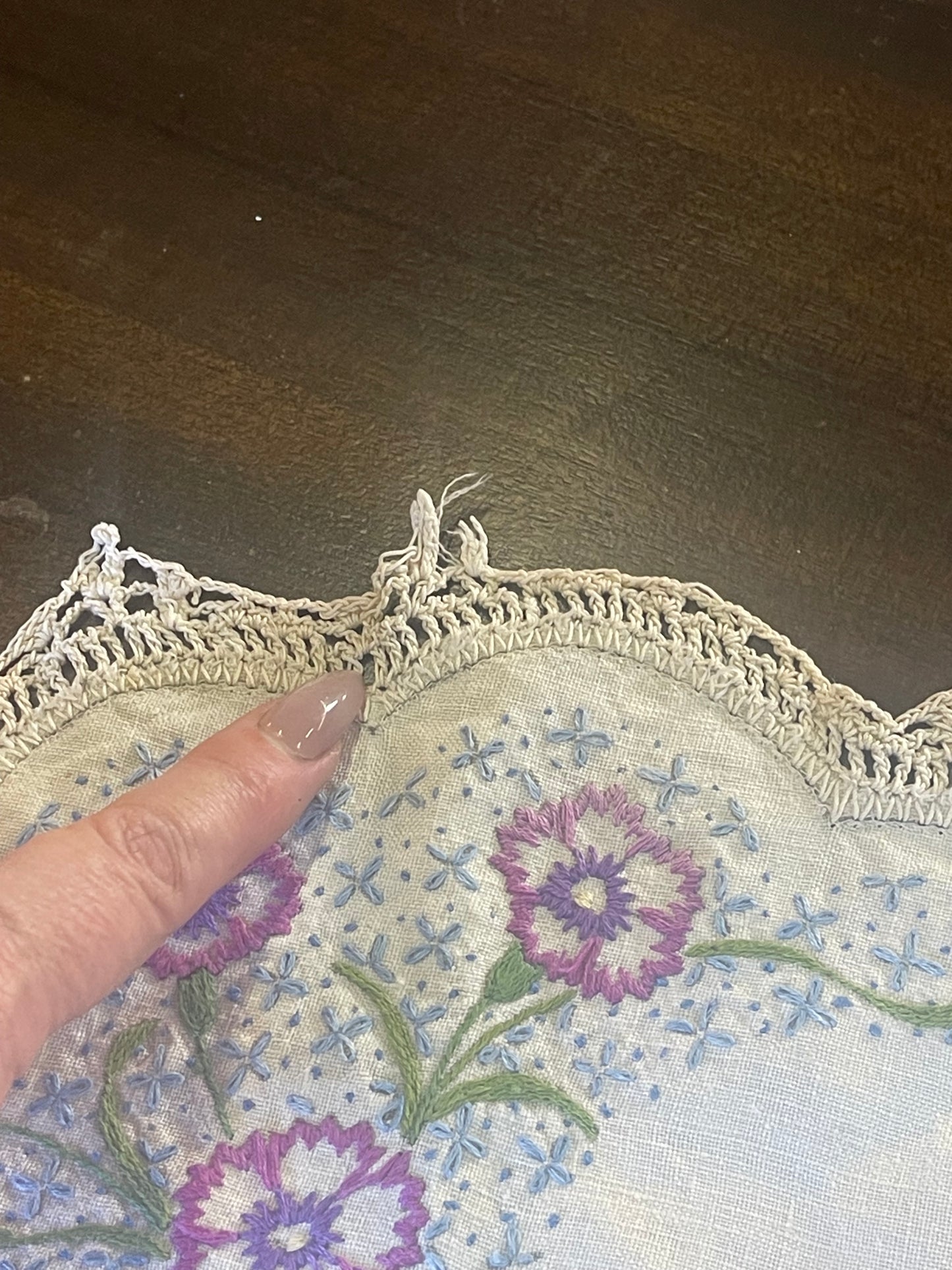 Vintage Hand-Embroidered Linen Doily – Purple & Blue Florals with Lace Edge