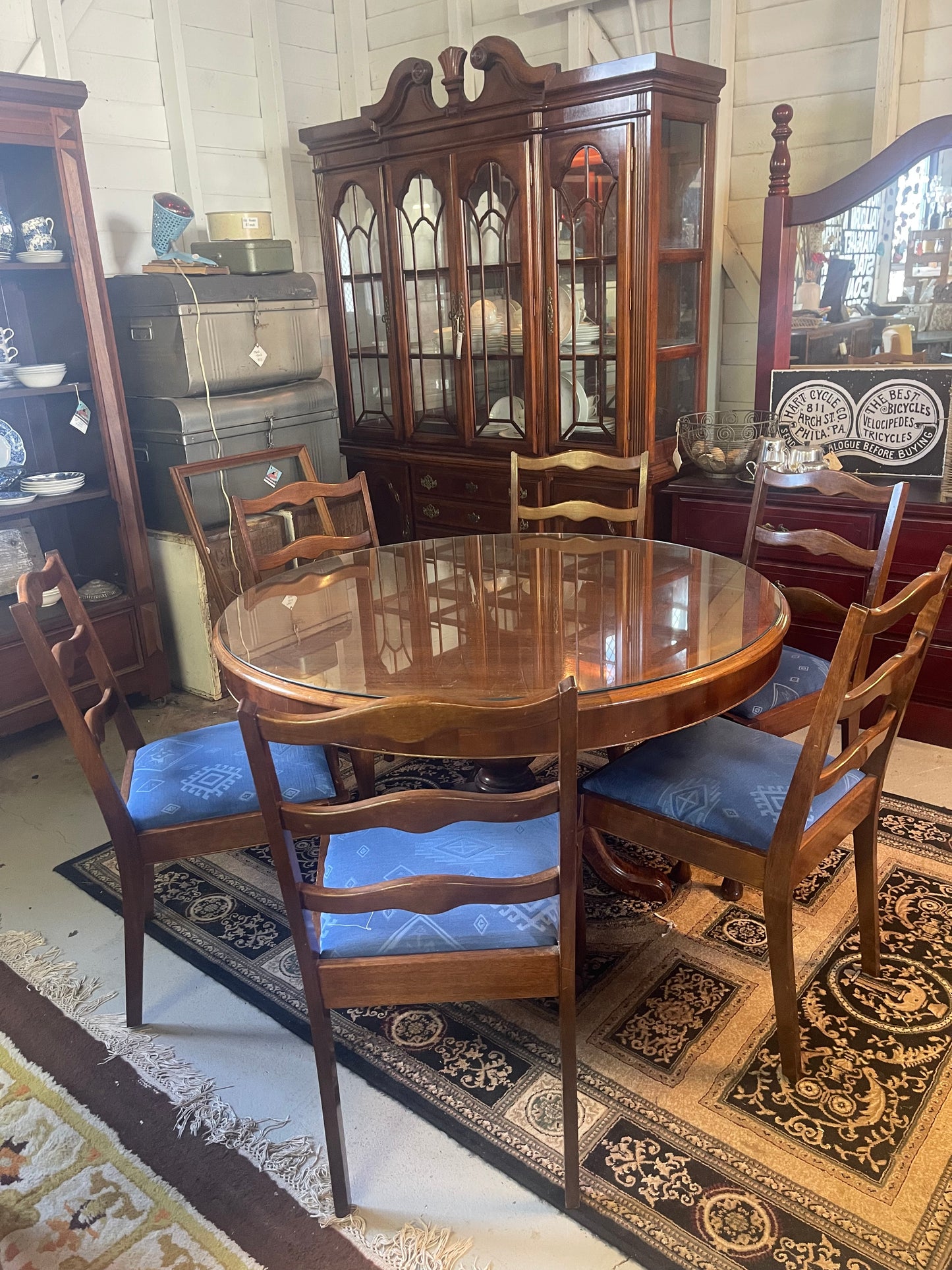 Vintage Round Rosewood Veneer Dining Table with Glass Top & Six Chairs