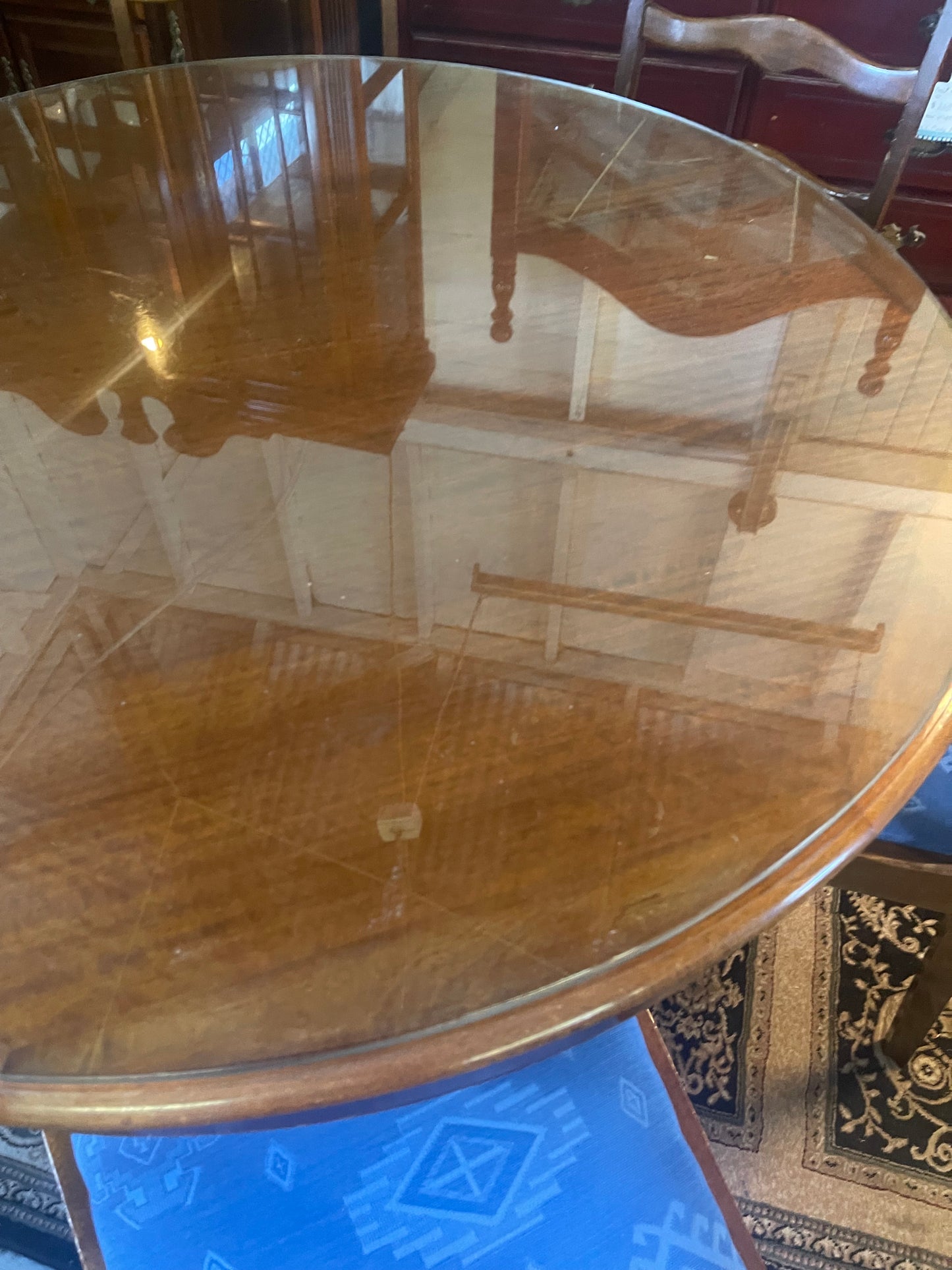 Vintage Round Rosewood Veneer Dining Table with Glass Top & Six Chairs