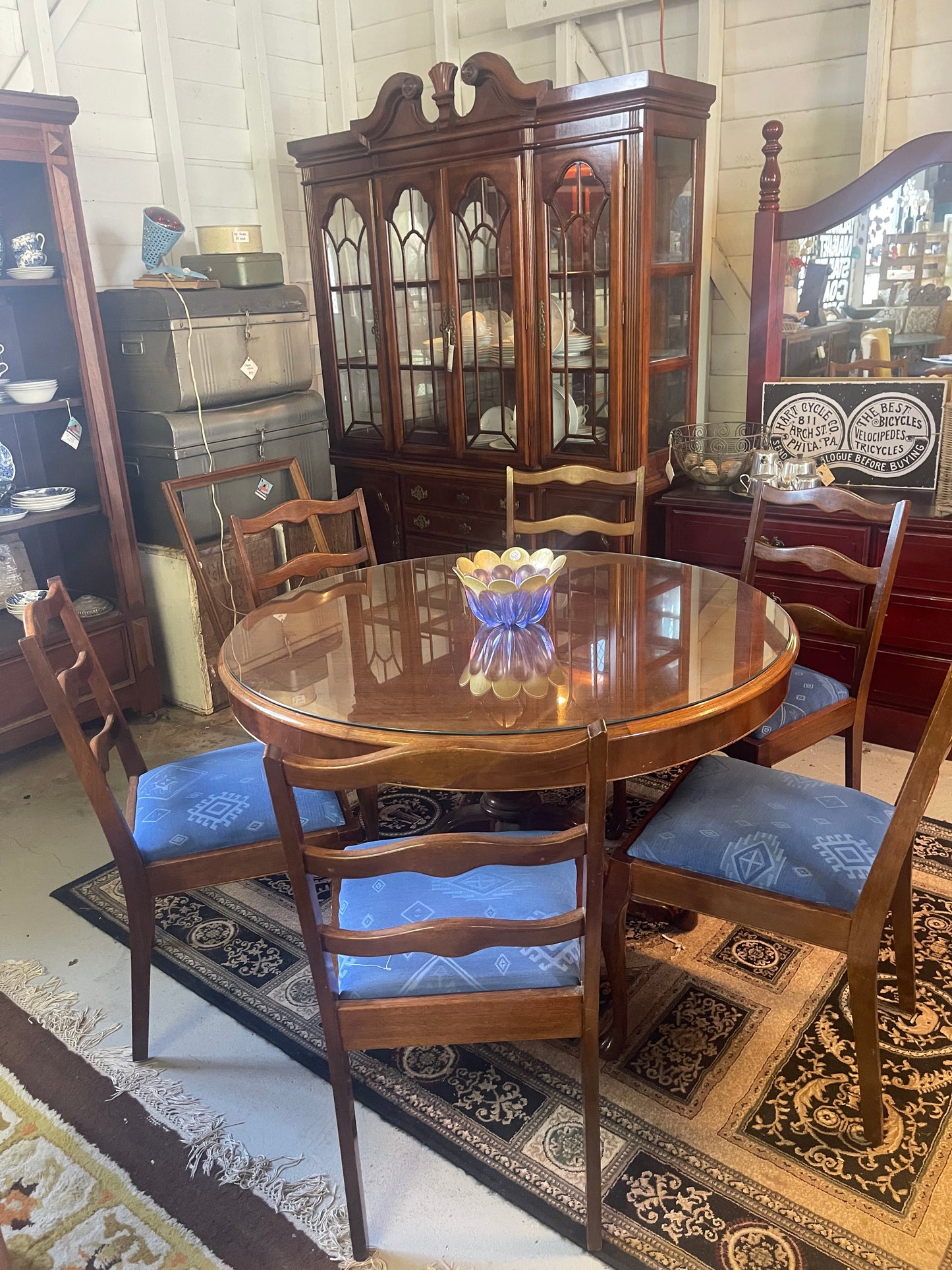 Vintage Round Rosewood Veneer Dining Table with Glass Top & Six Chairs