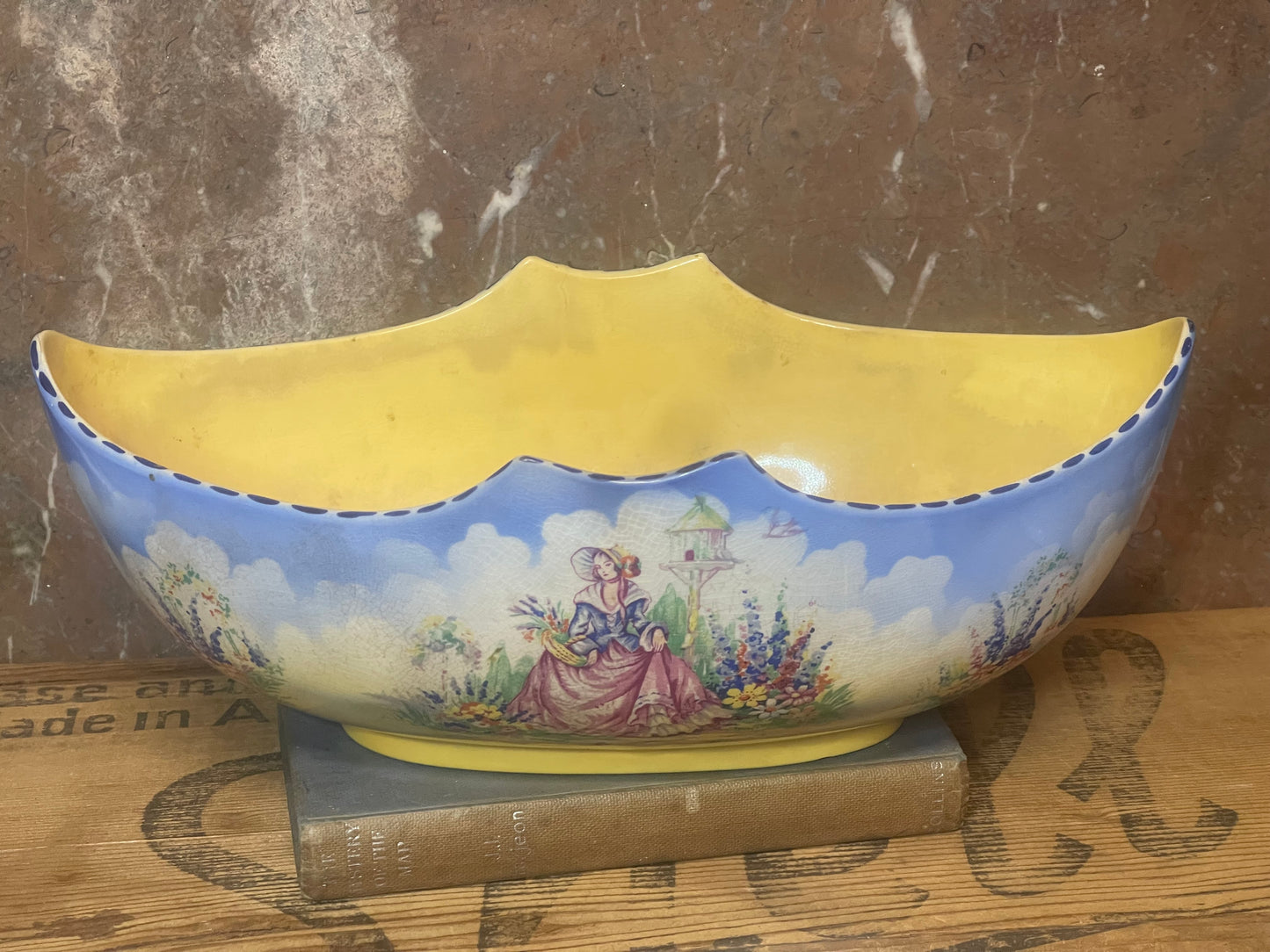 Vintage Modern Crescent England Hand-Painted Bowl – Lady & Garden Scene