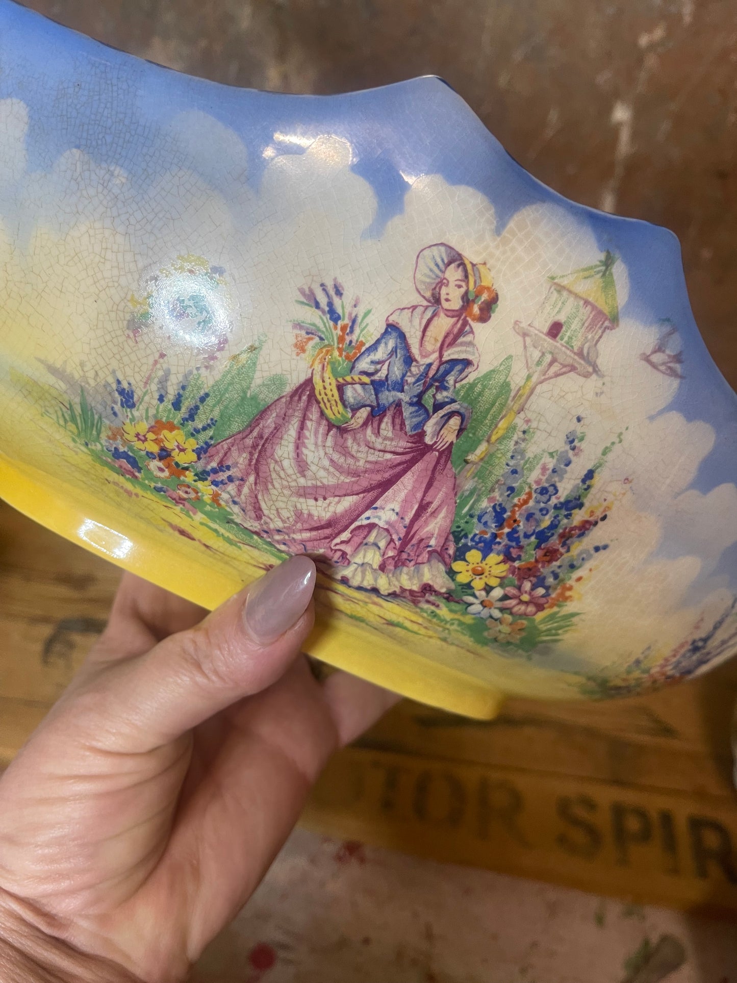 Vintage Modern Crescent England Hand-Painted Bowl – Lady & Garden Scene