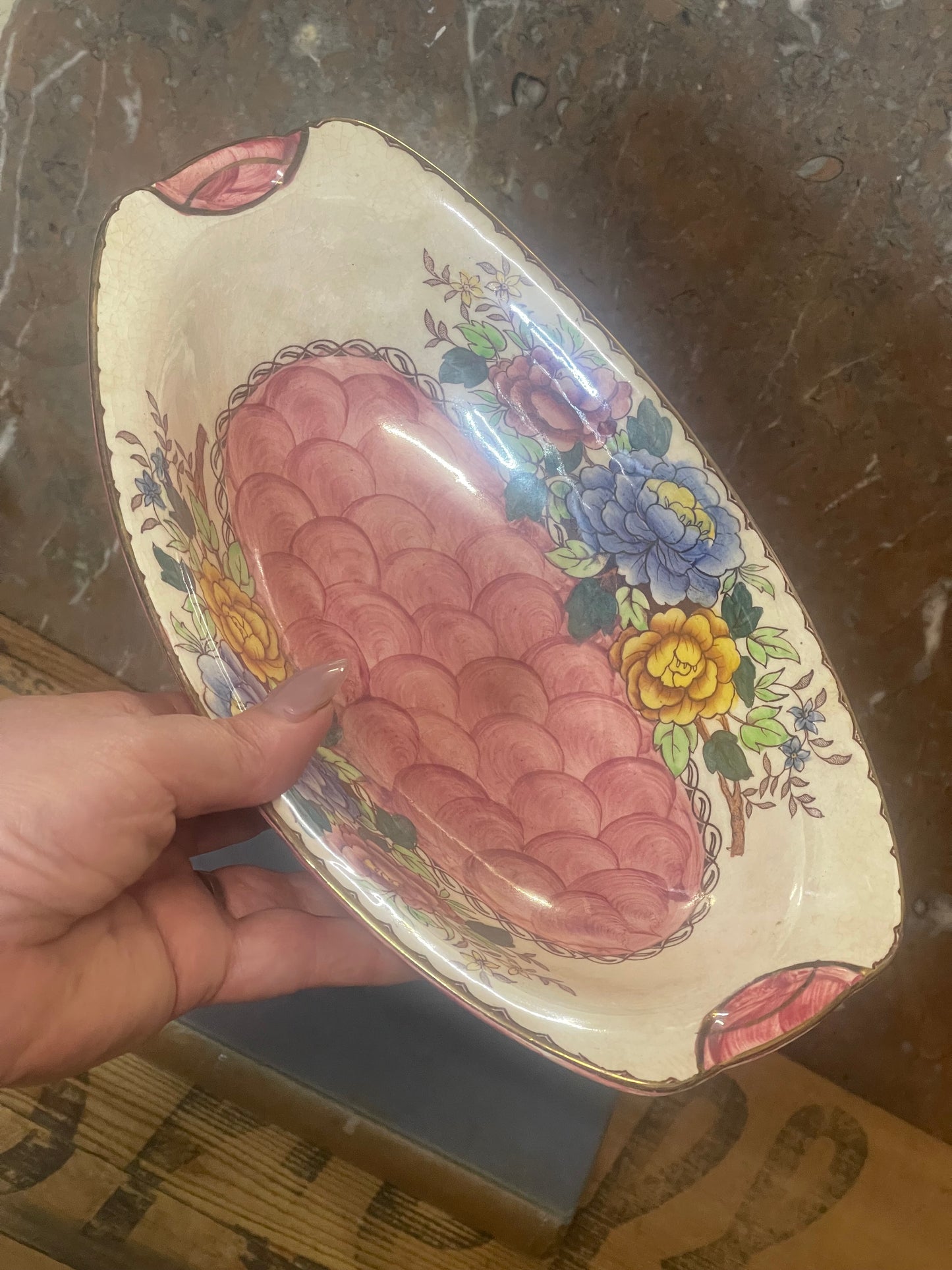 Vintage Maling Ware “Peony Rose” Oval Bowl – Hand-Painted Floral Design