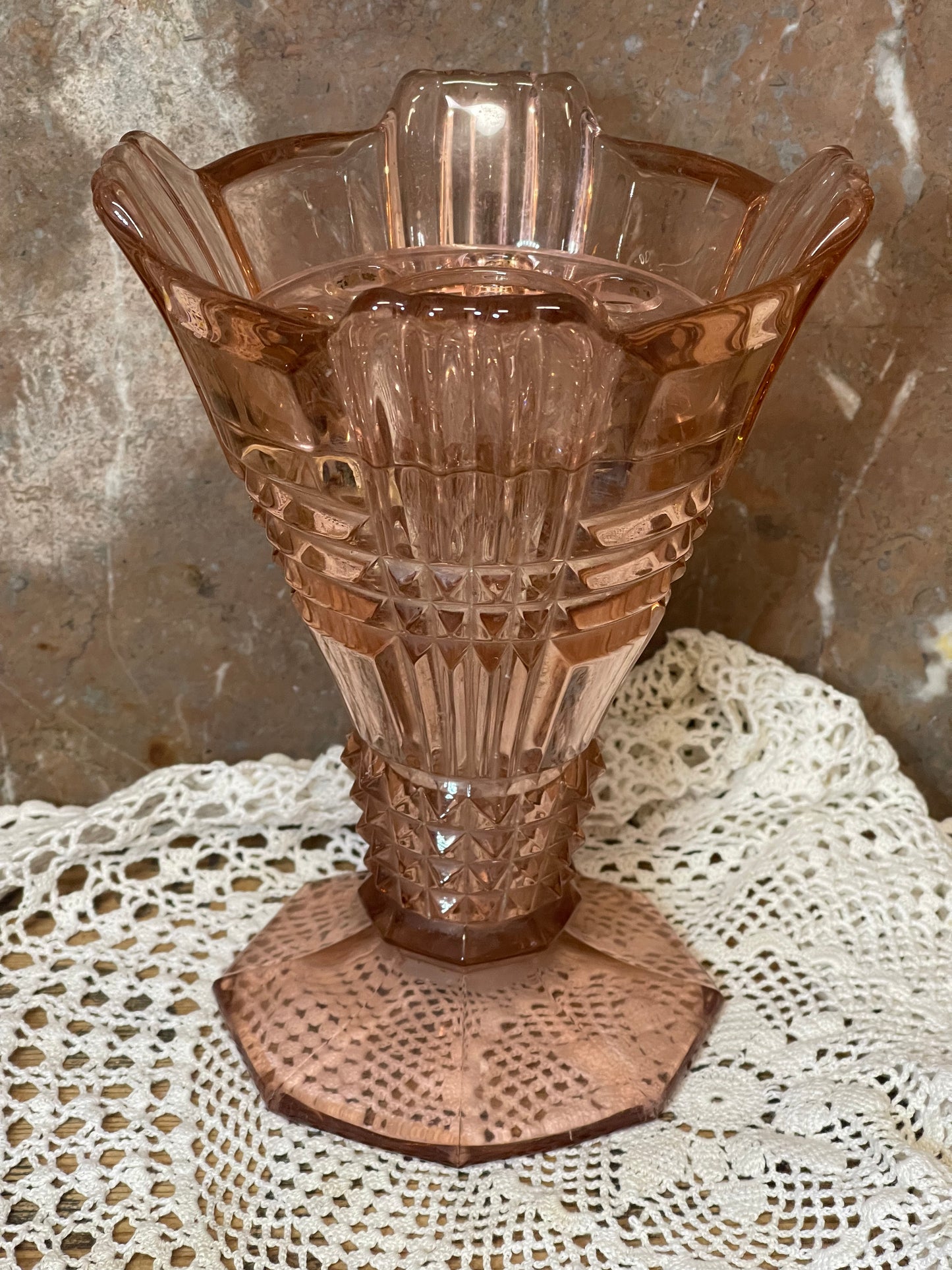 Art Deco Pink Glass Vase with Flower Frog – 21cm