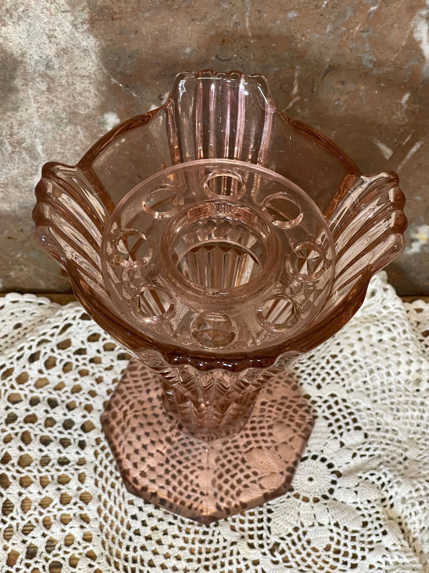 Art Deco Pink Glass Vase with Flower Frog – 21cm