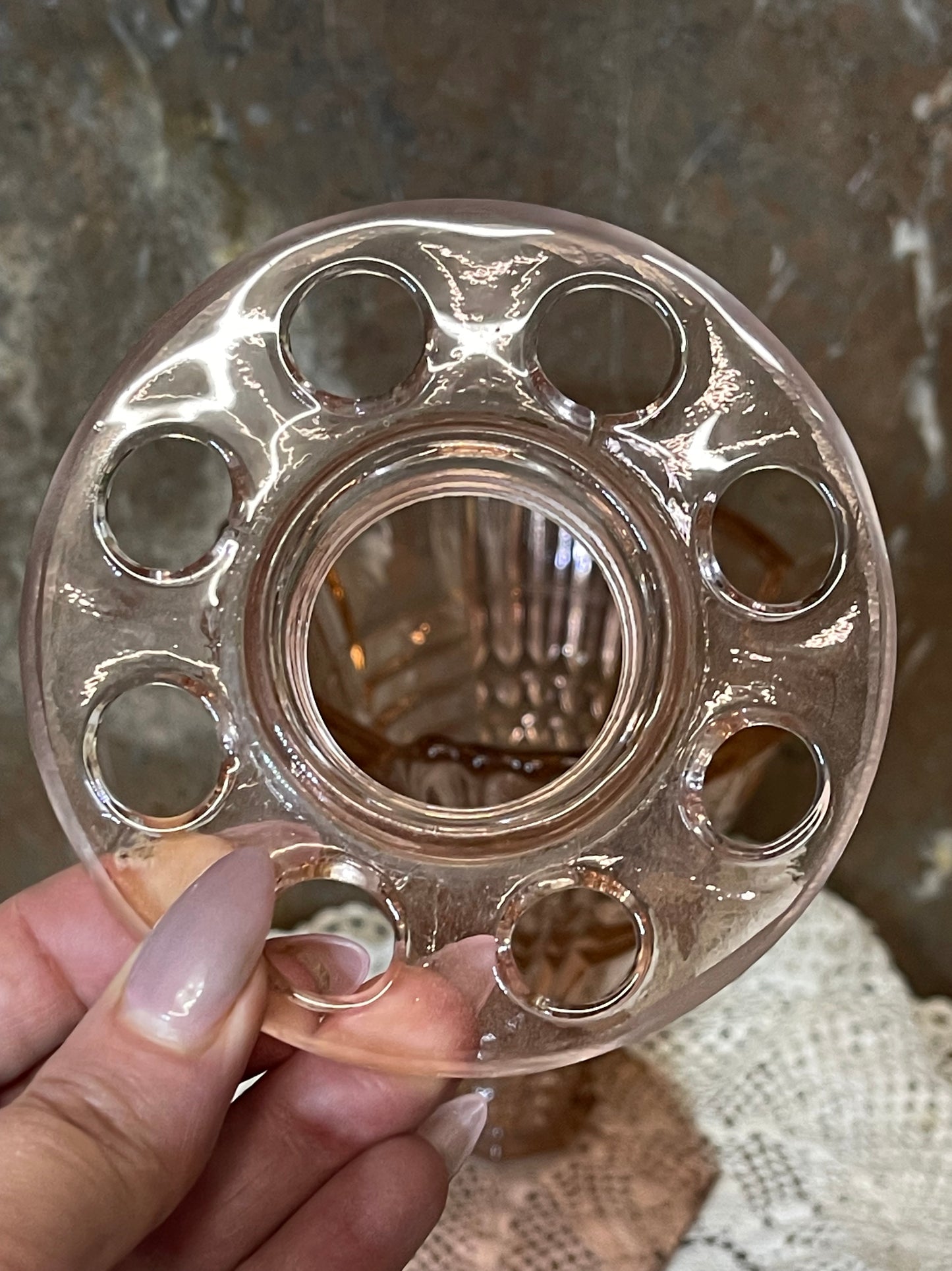 Art Deco Pink Glass Vase with Flower Frog – 21cm