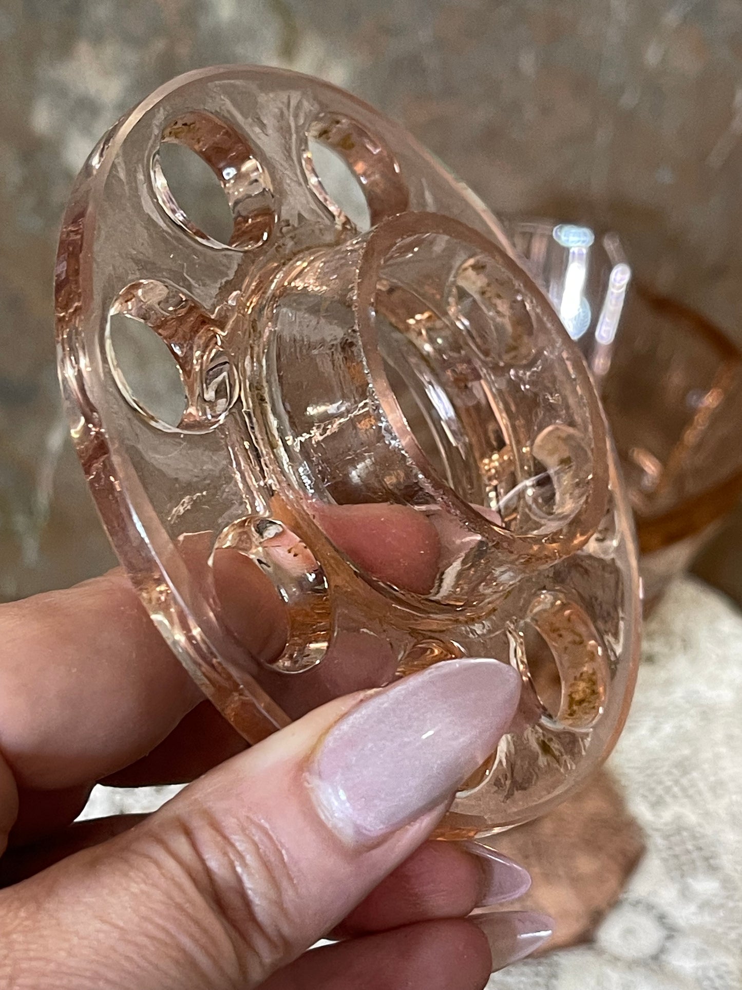 Art Deco Pink Glass Vase with Flower Frog – 21cm