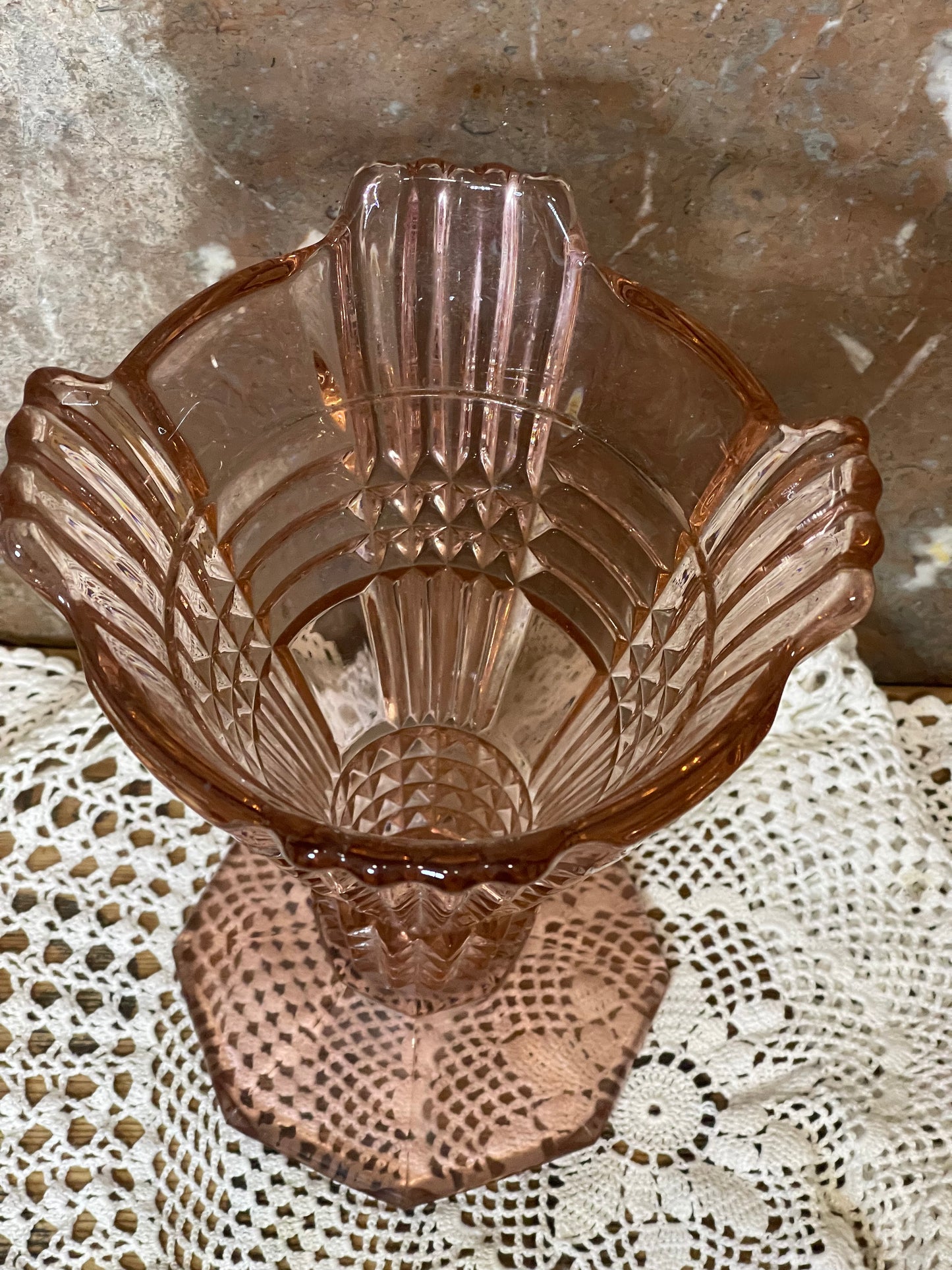 Art Deco Pink Glass Vase with Flower Frog – 21cm