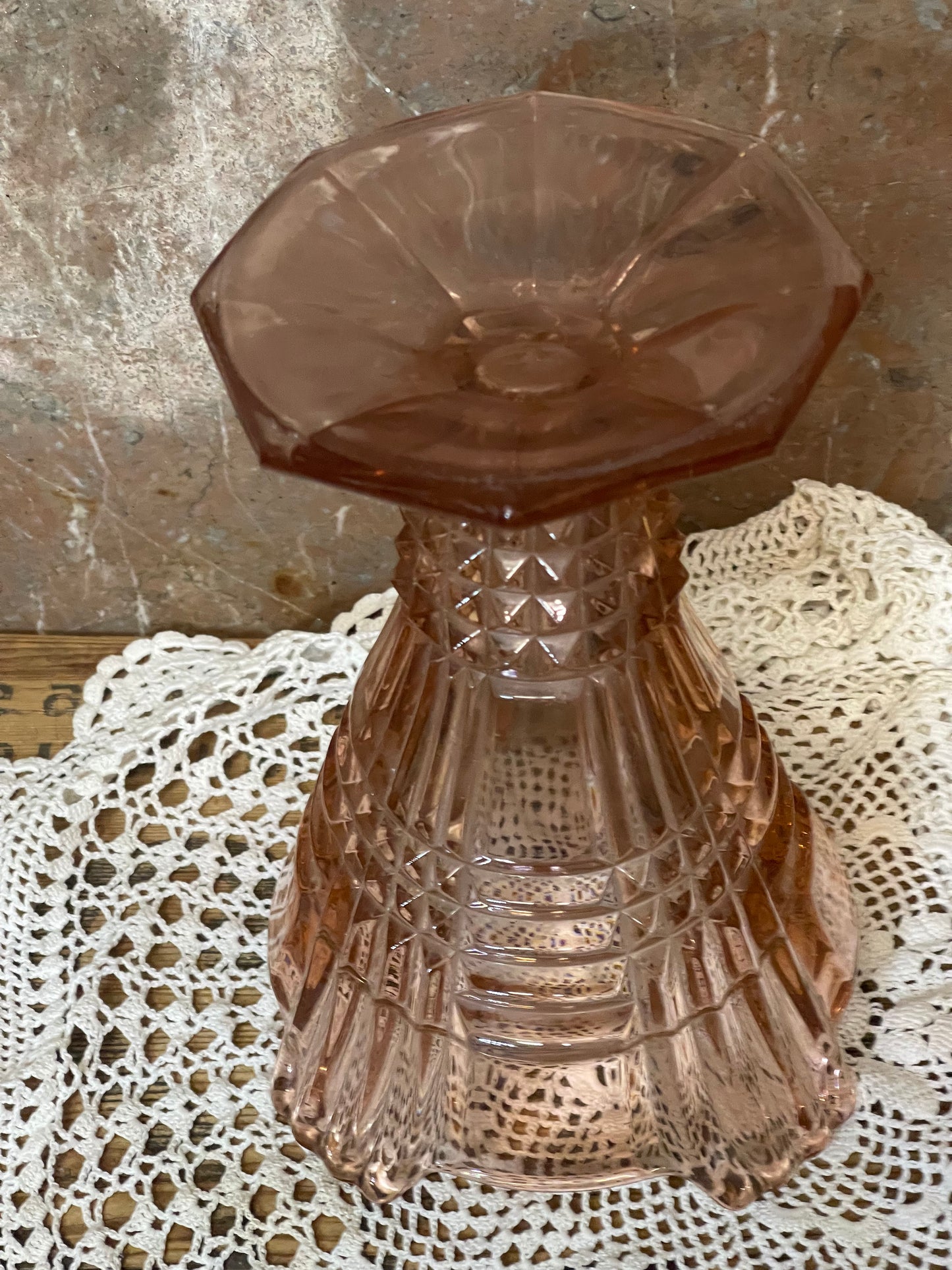 Art Deco Pink Glass Vase with Flower Frog – 21cm