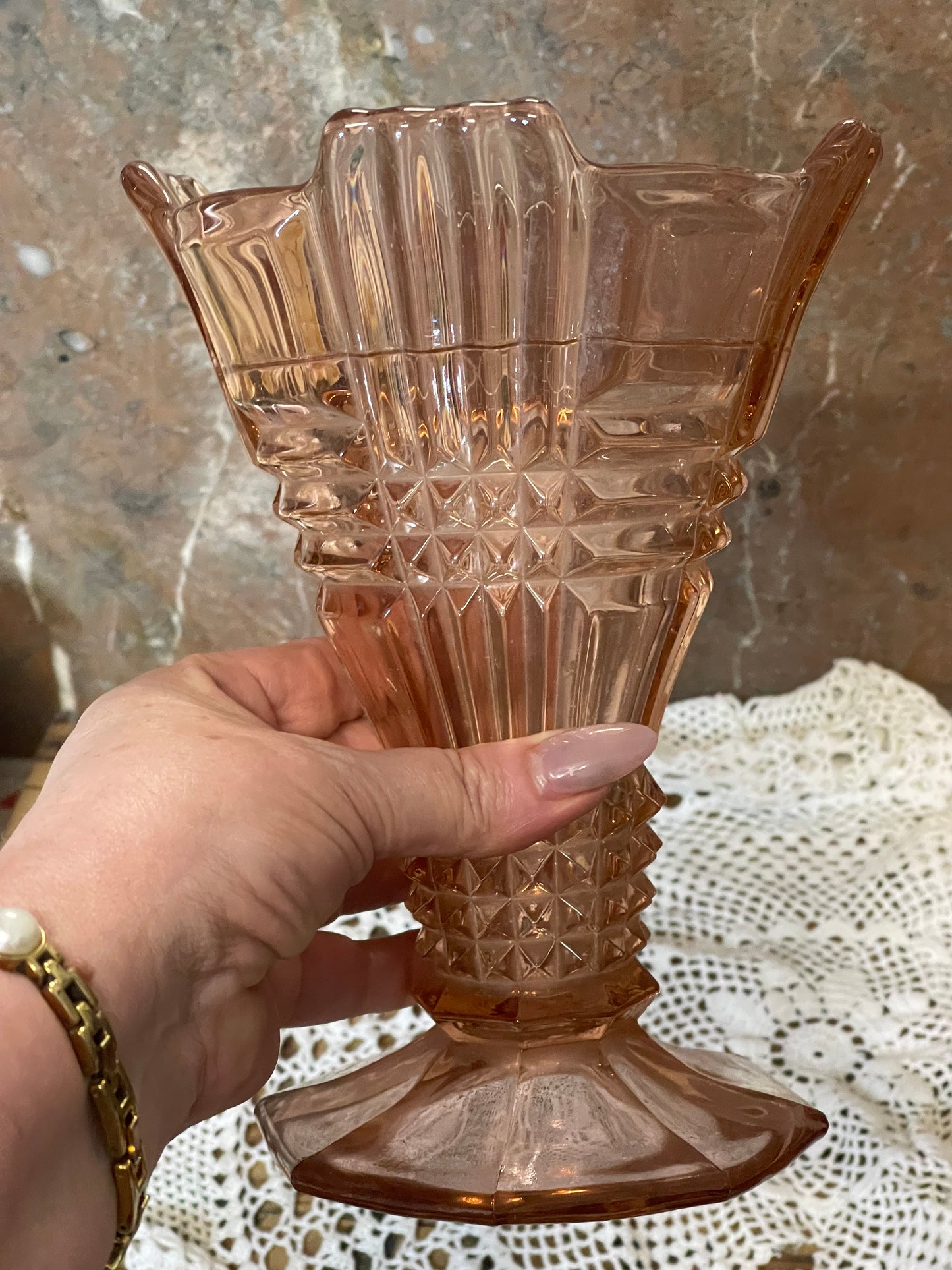 Art Deco Pink Glass Vase with Flower Frog – 21cm