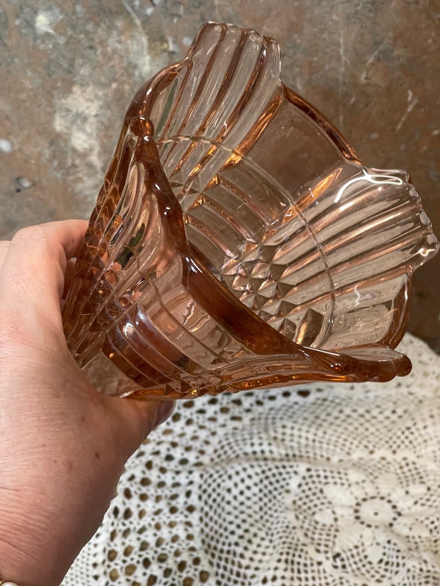 Art Deco Pink Glass Vase with Flower Frog – 21cm
