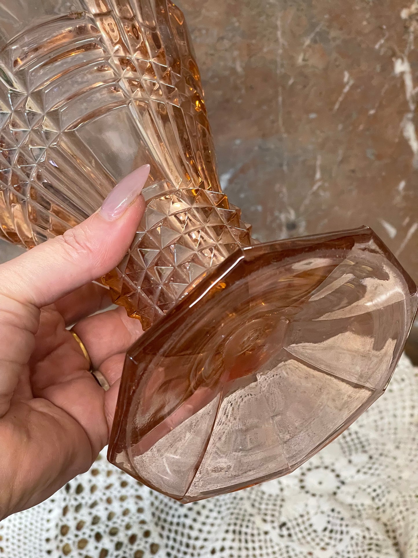 Art Deco Pink Glass Vase with Flower Frog – 21cm