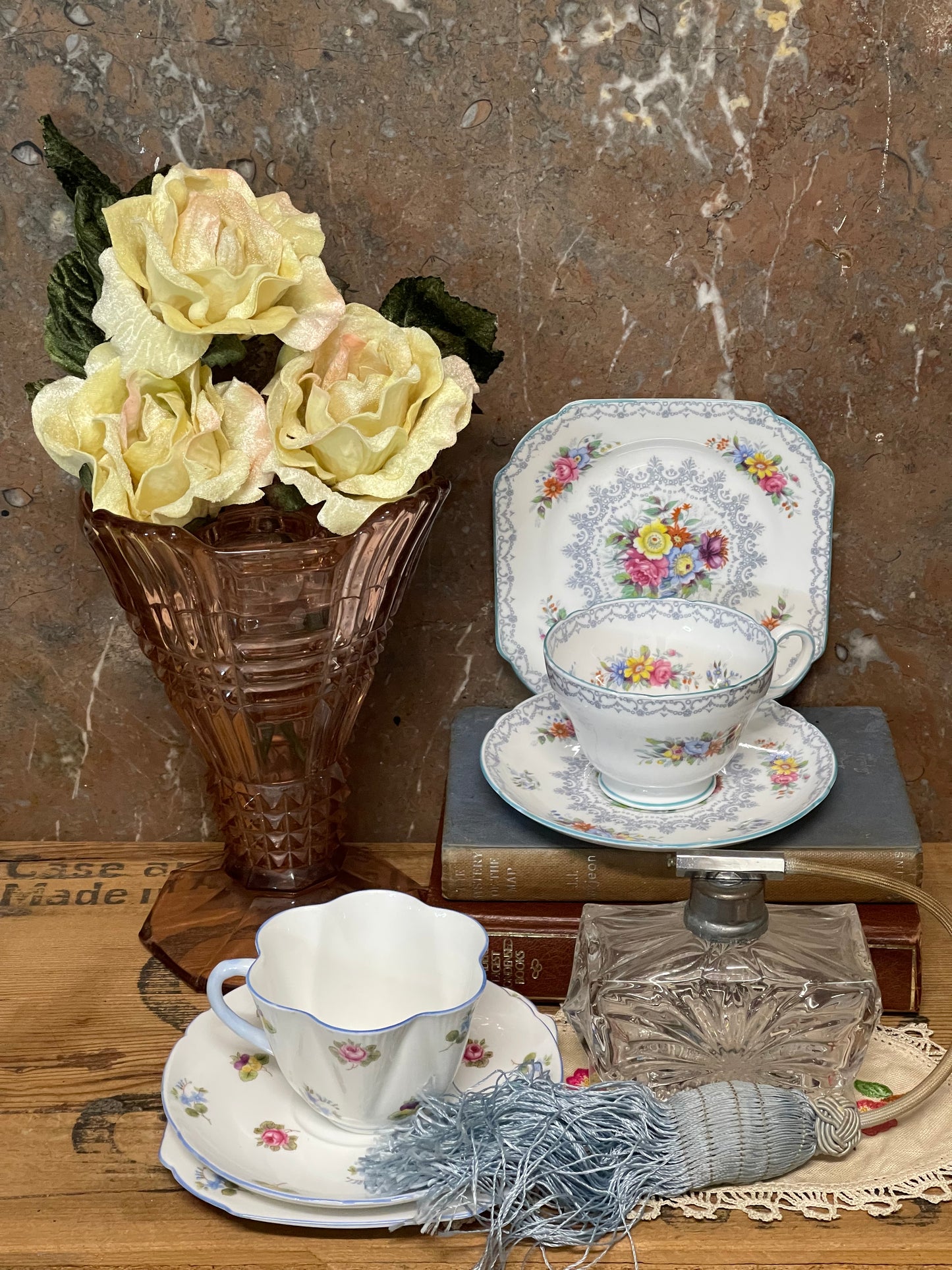 Shelley Fine Bone China Trio – “Rochester” Pattern, Floral Spray with Grey Scrollwork