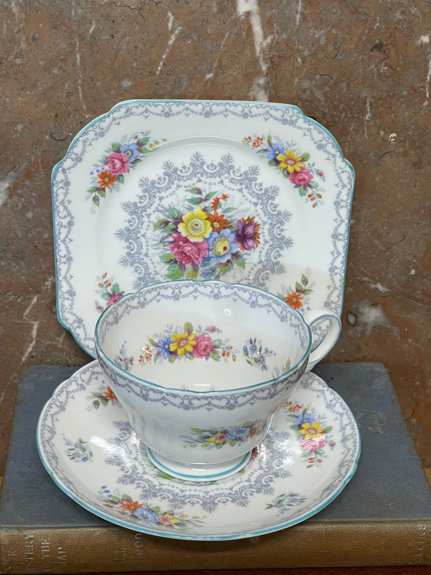 Shelley Fine Bone China Trio – “Rochester” Pattern, Floral Spray with Grey Scrollwork