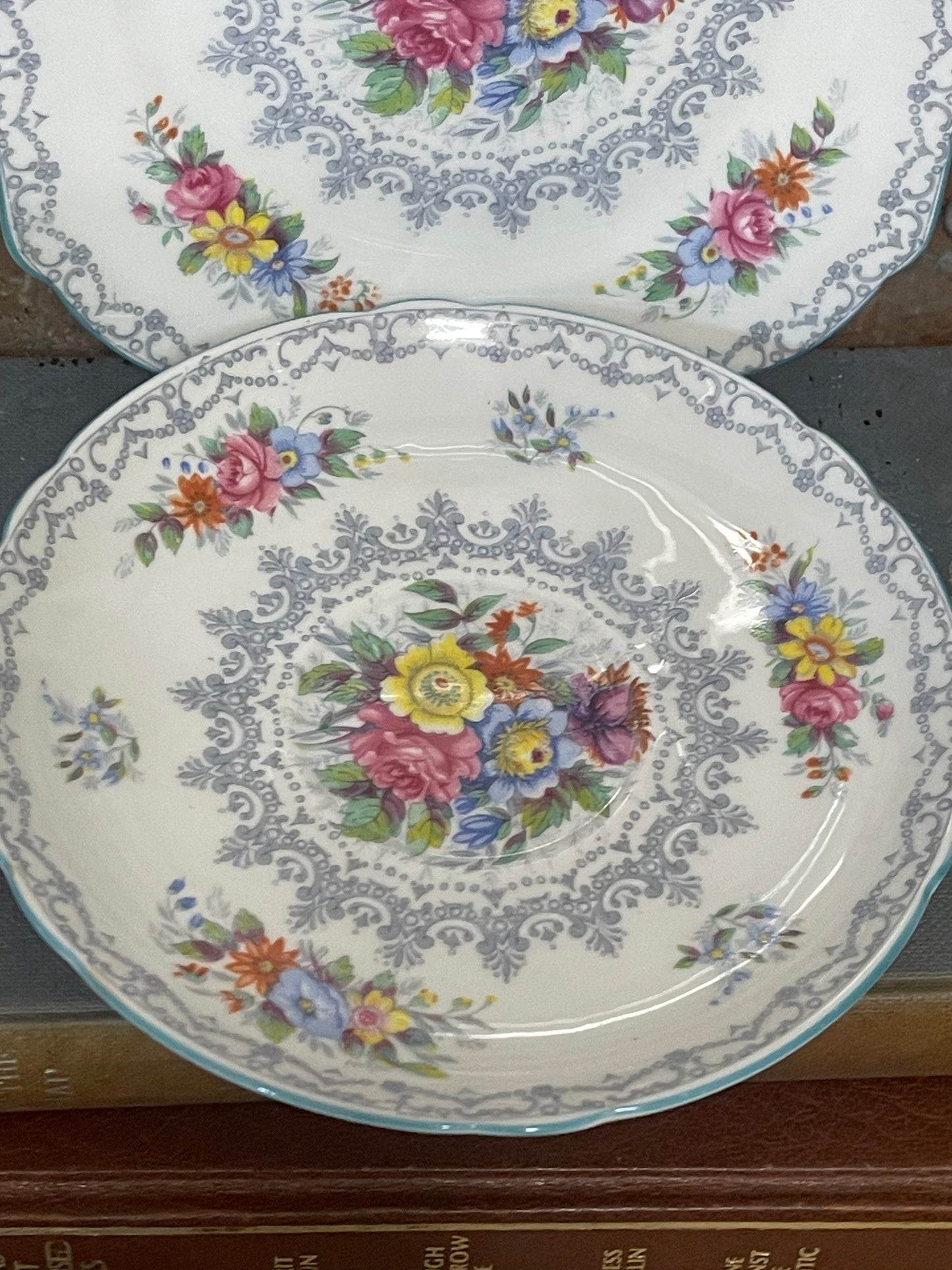 Shelley Fine Bone China Trio – “Rochester” Pattern, Floral Spray with Grey Scrollwork