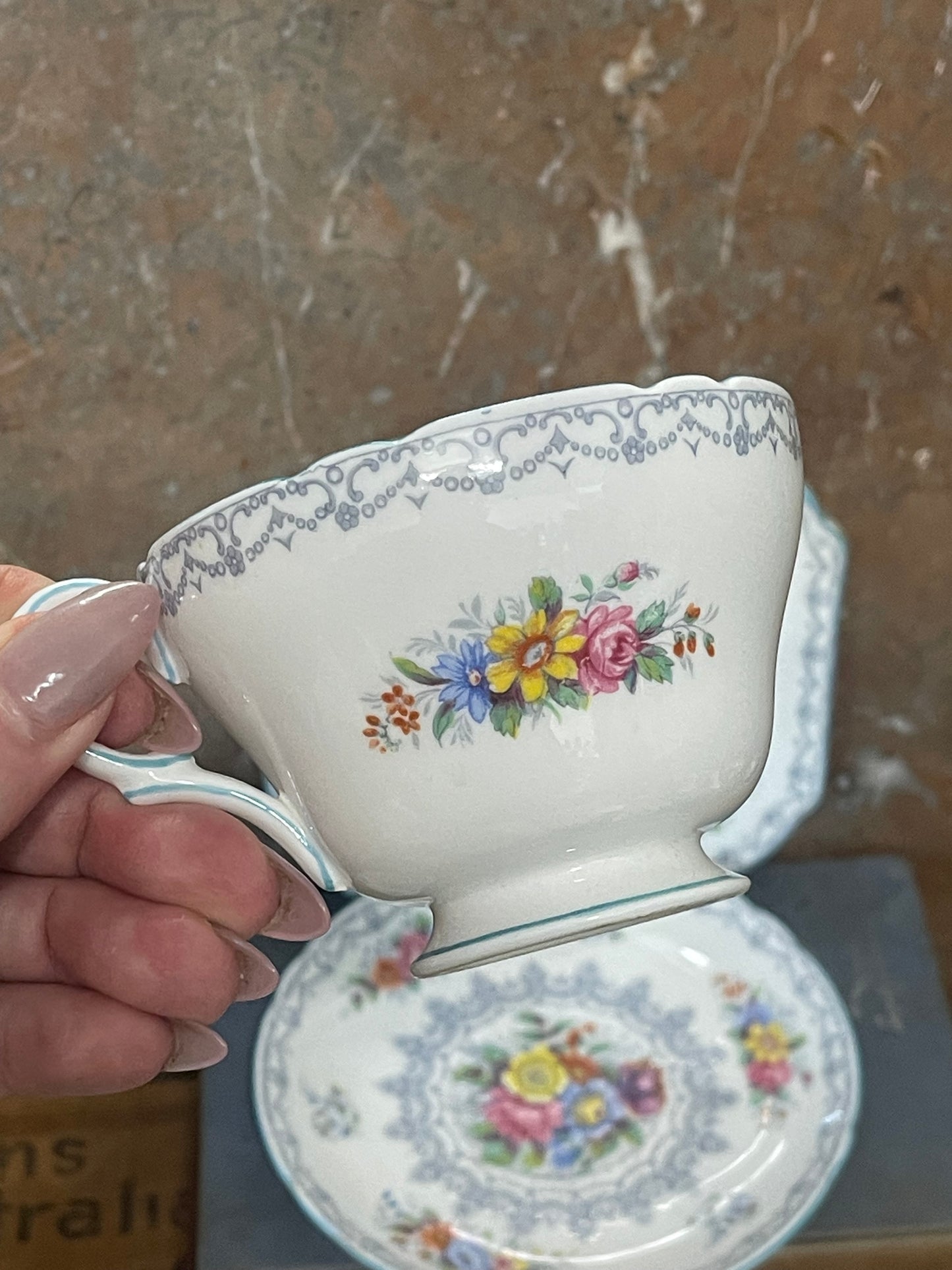 Shelley Fine Bone China Trio – “Rochester” Pattern, Floral Spray with Grey Scrollwork