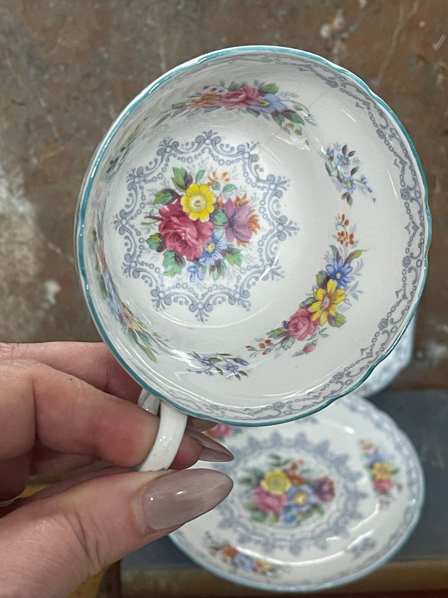 Shelley Fine Bone China Trio – “Rochester” Pattern, Floral Spray with Grey Scrollwork