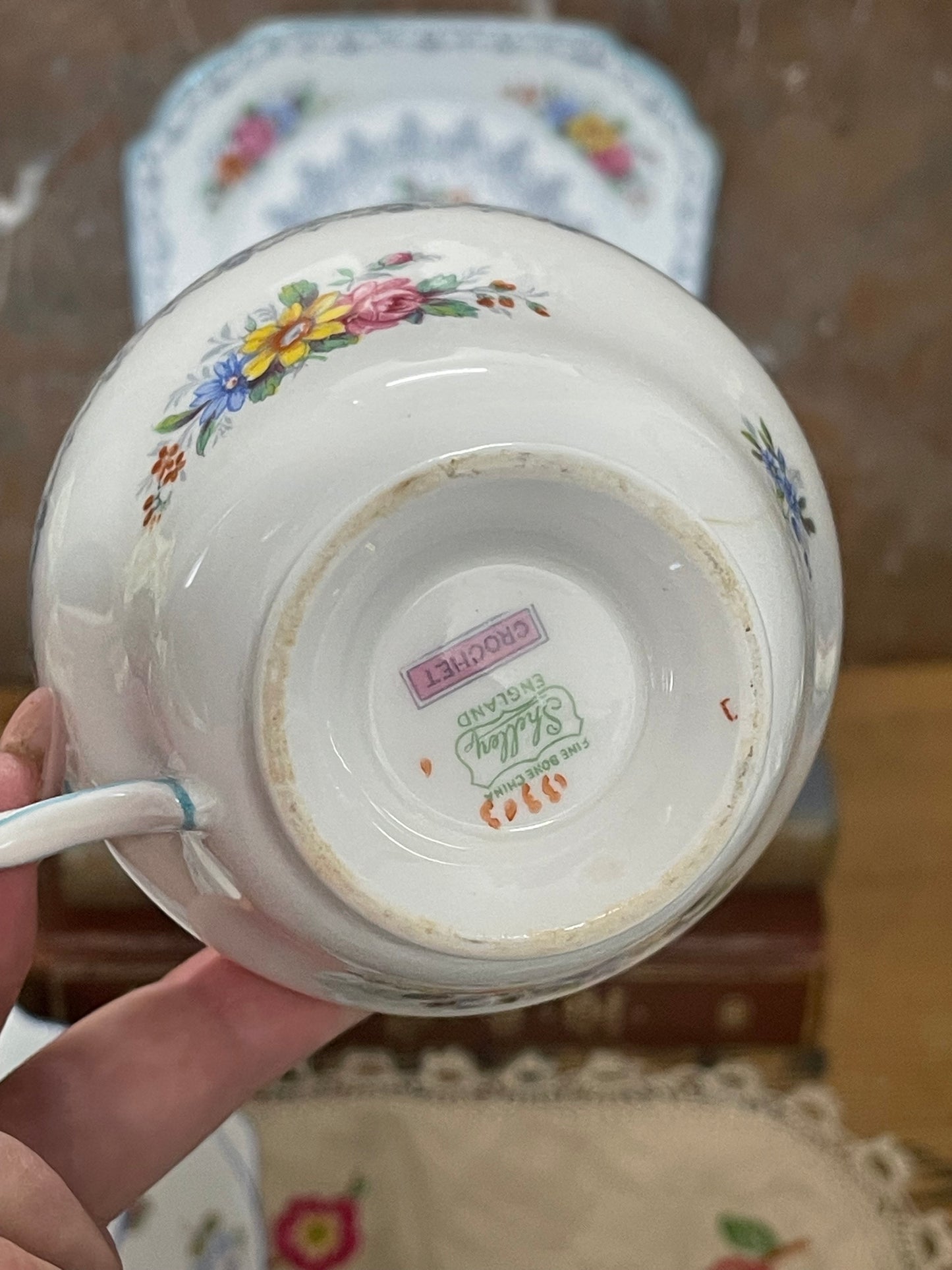 Shelley Fine Bone China Trio – “Rochester” Pattern, Floral Spray with Grey Scrollwork