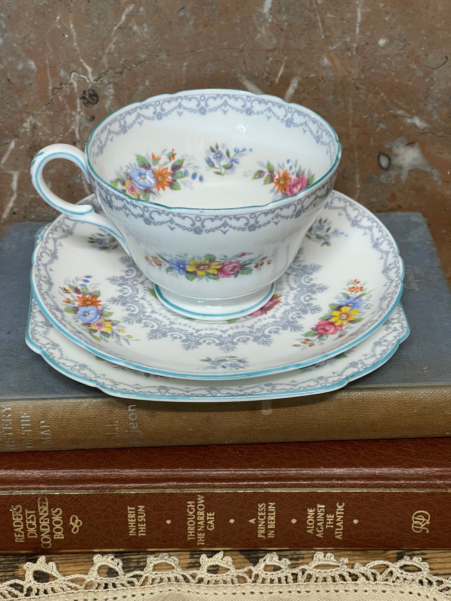 Shelley Fine Bone China Trio – “Rochester” Pattern, Floral Spray with Grey Scrollwork