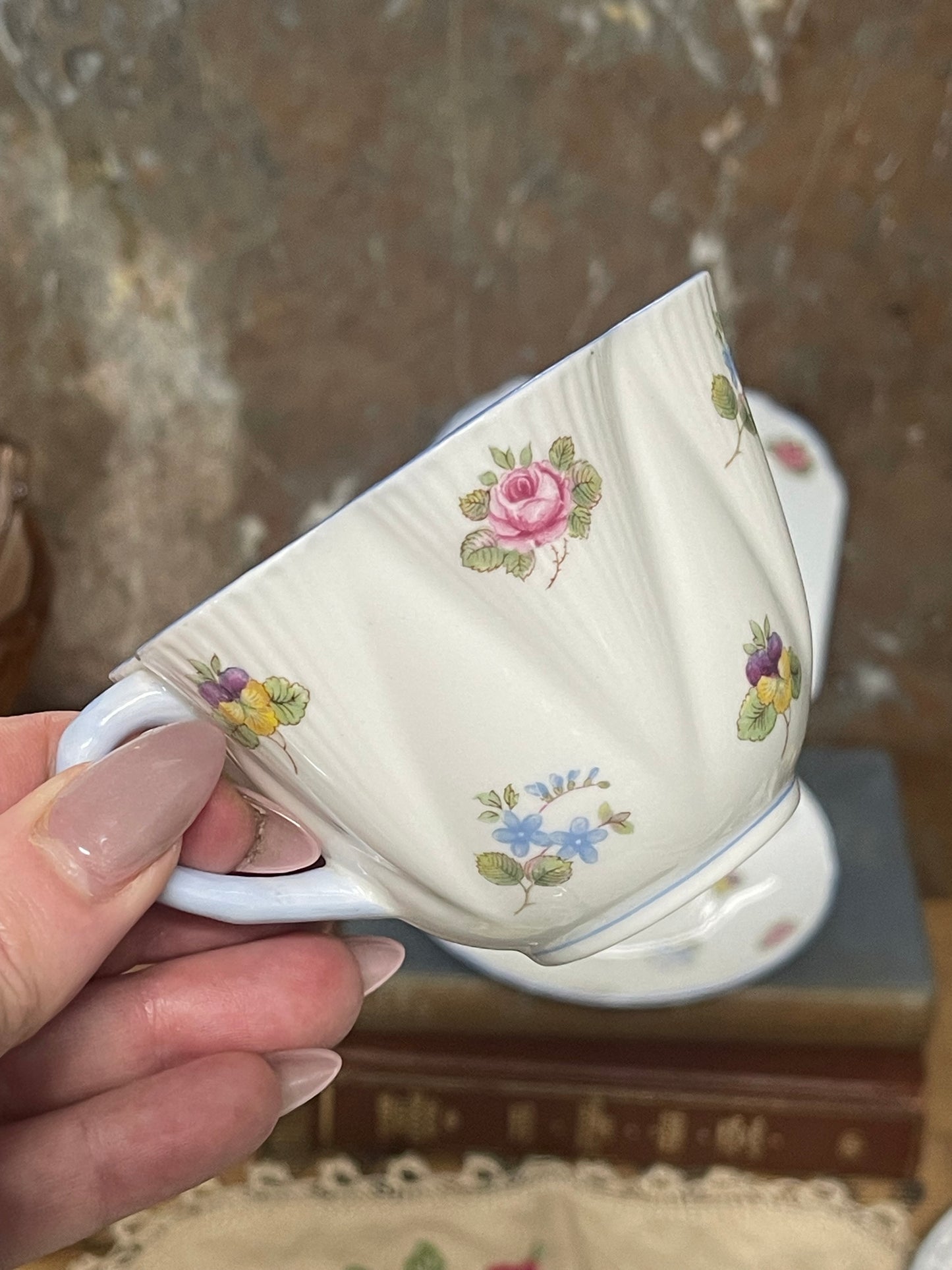 Shelley Fine Bone China Trio – “Dainty” Shape, Floral Sprays with Blue Trim