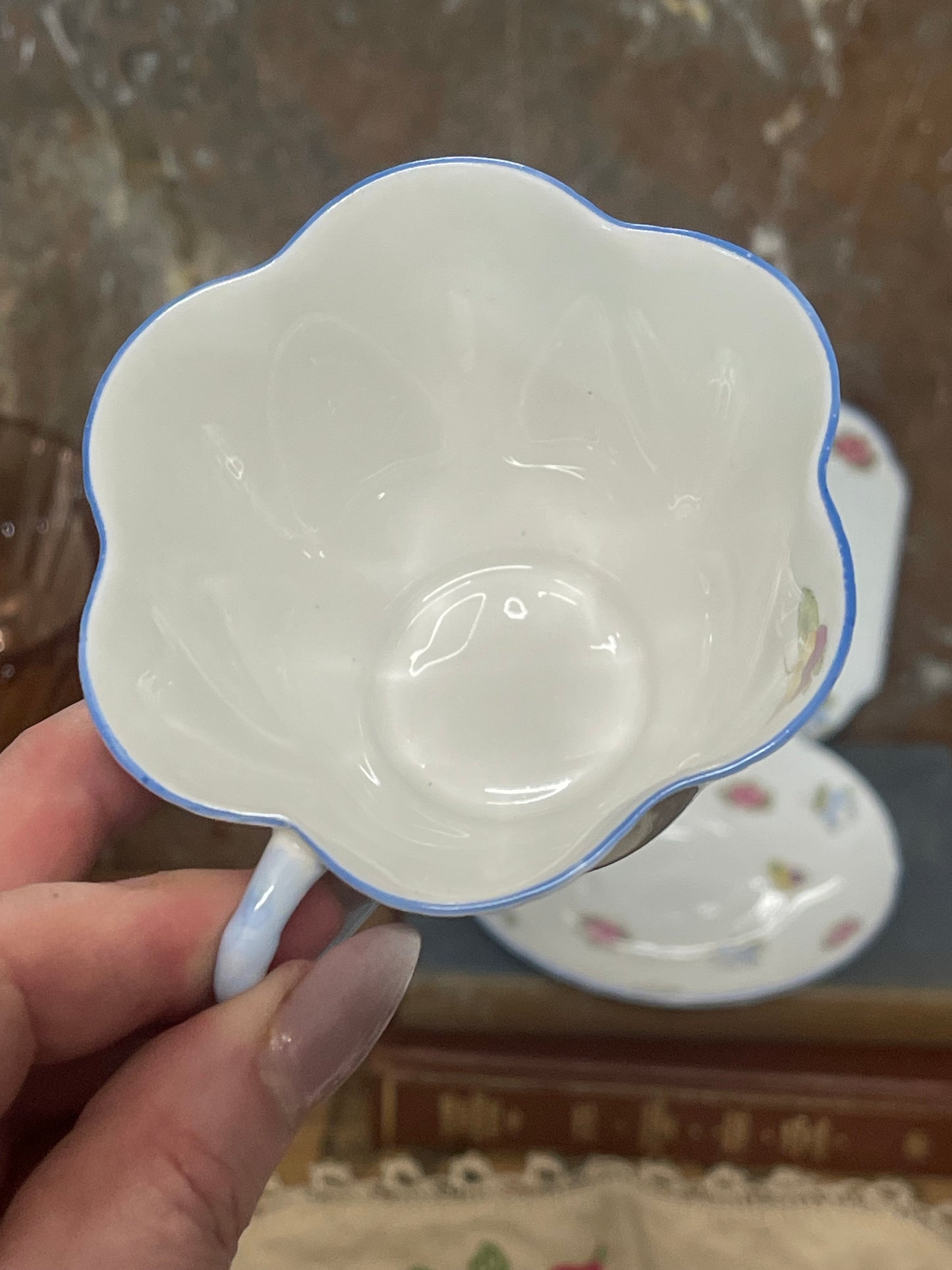 Shelley Fine Bone China Trio – “Dainty” Shape, Floral Sprays with Blue Trim