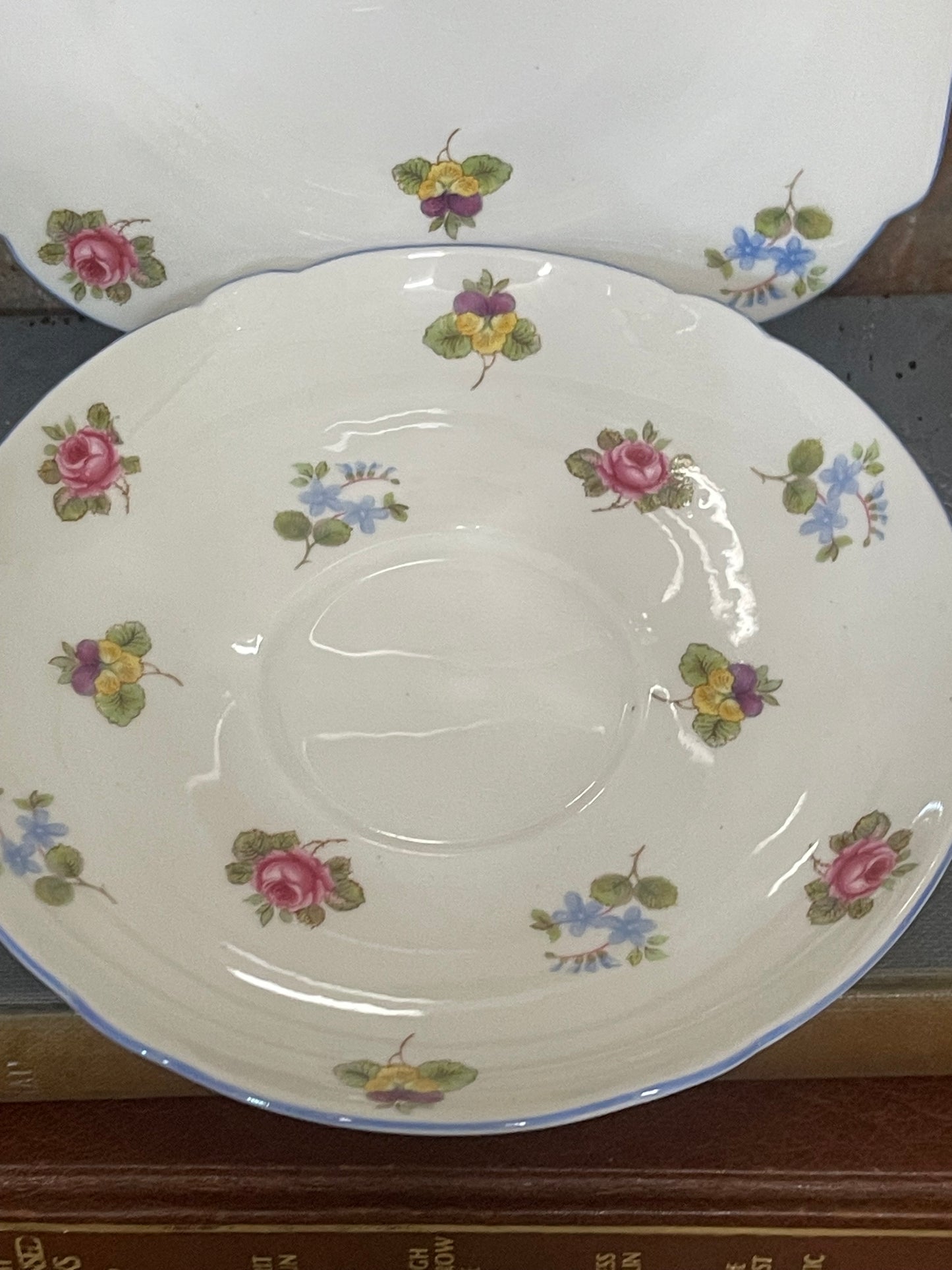 Shelley Fine Bone China Trio – “Dainty” Shape, Floral Sprays with Blue Trim
