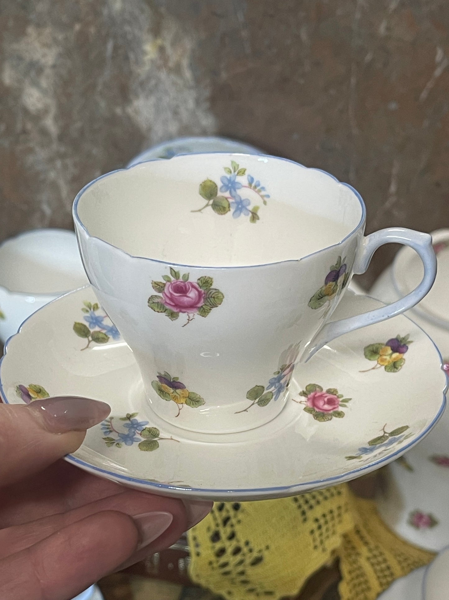 Shelley Fine Bone China Tea Set – Dainty Shape, Floral Sprays with Blue Trim