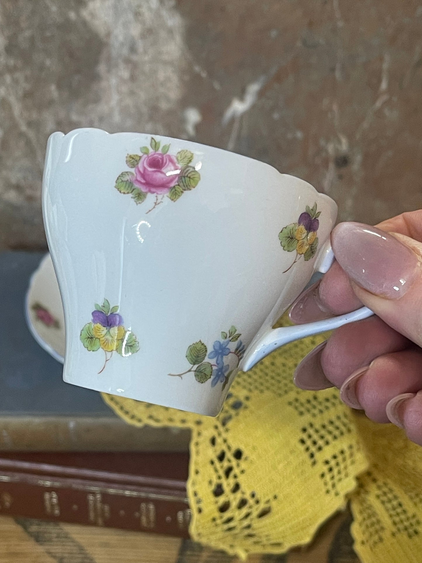 Shelley Fine Bone China Cup & Saucer – Dainty Shape, Floral Sprays with Blue Trim