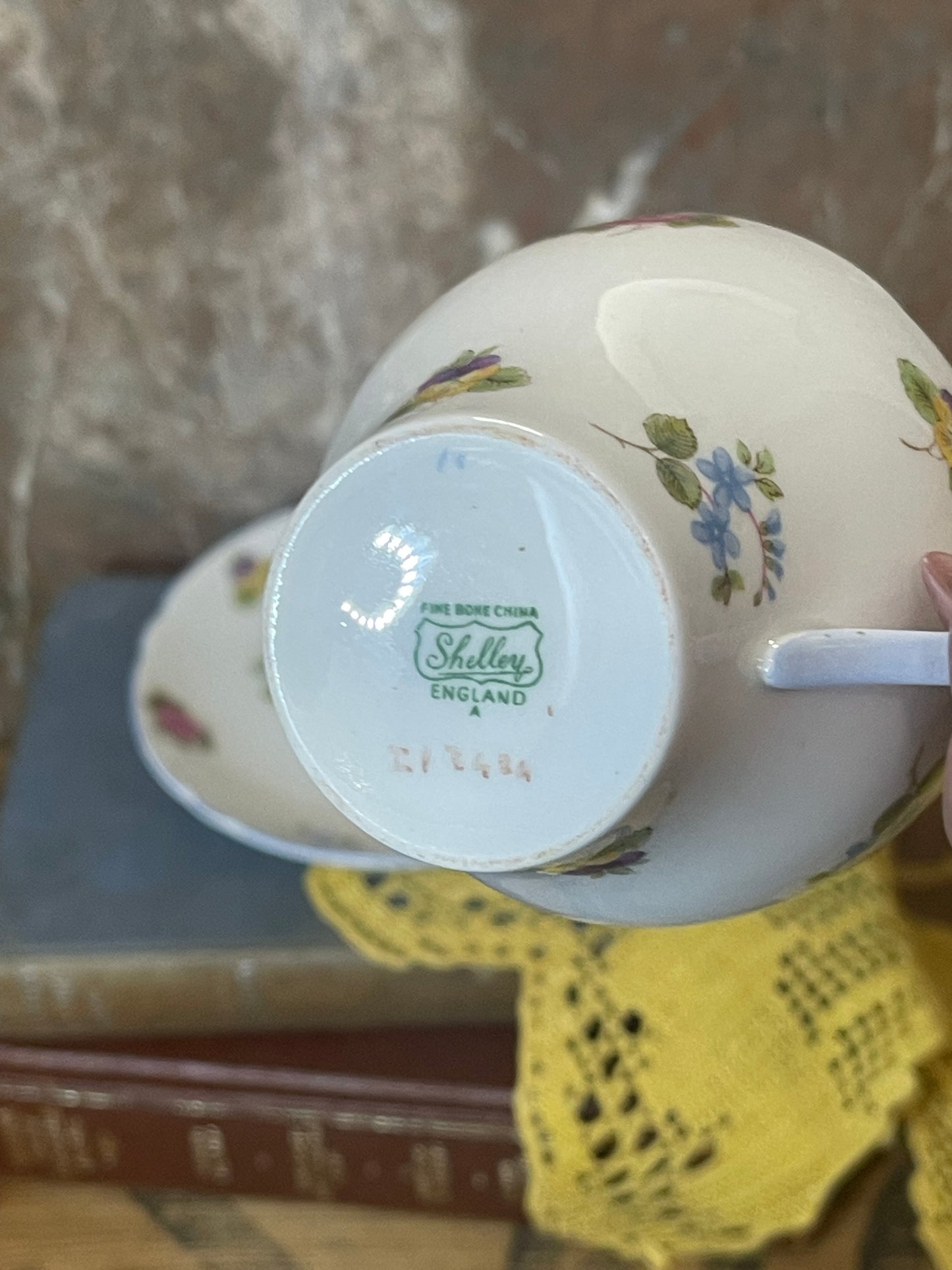 Shelley Fine Bone China Cup & Saucer – Dainty Shape, Floral Sprays with Blue Trim