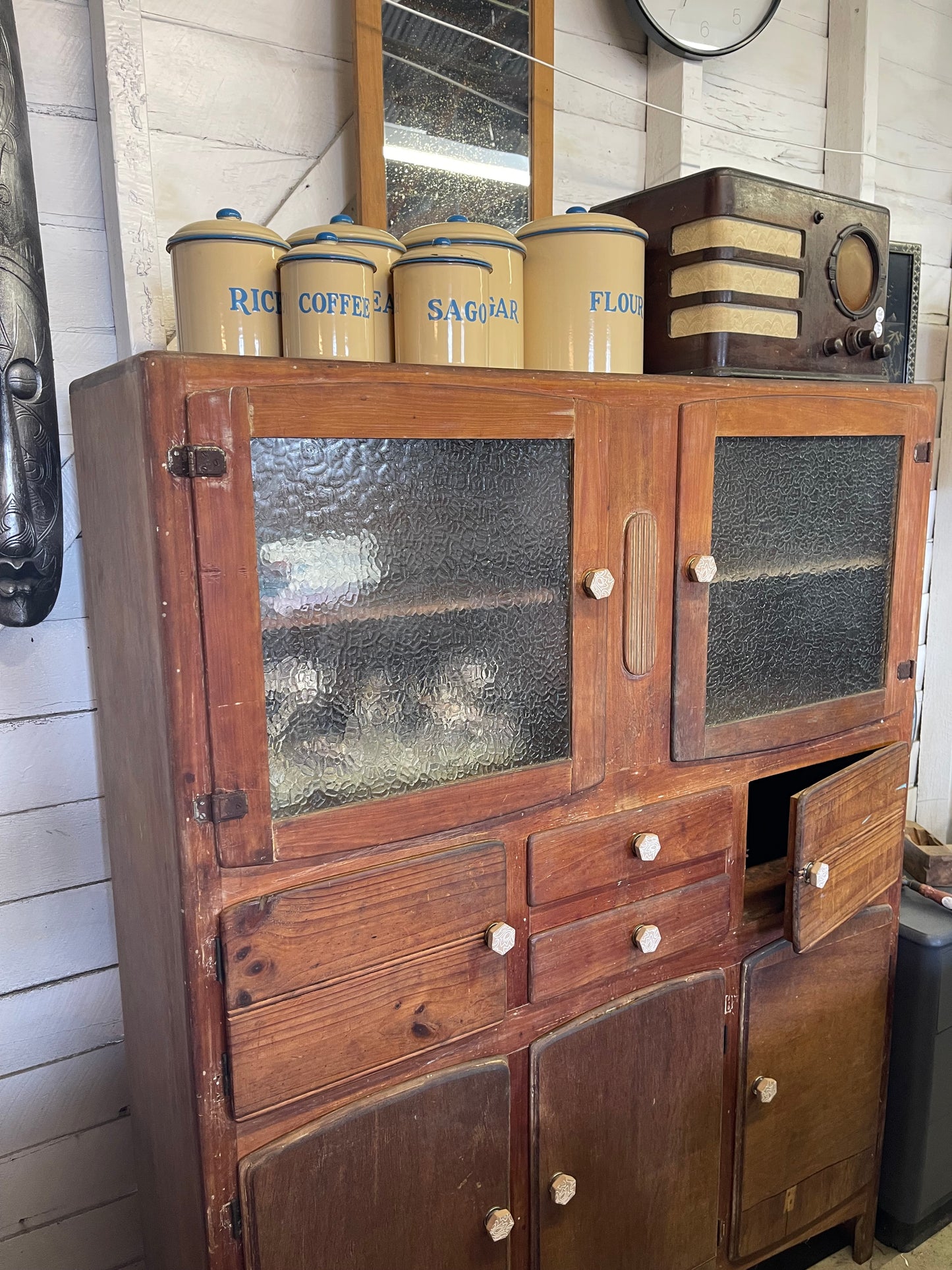 Vintage 1930s Timber Kitchen cabinet with glass doors
