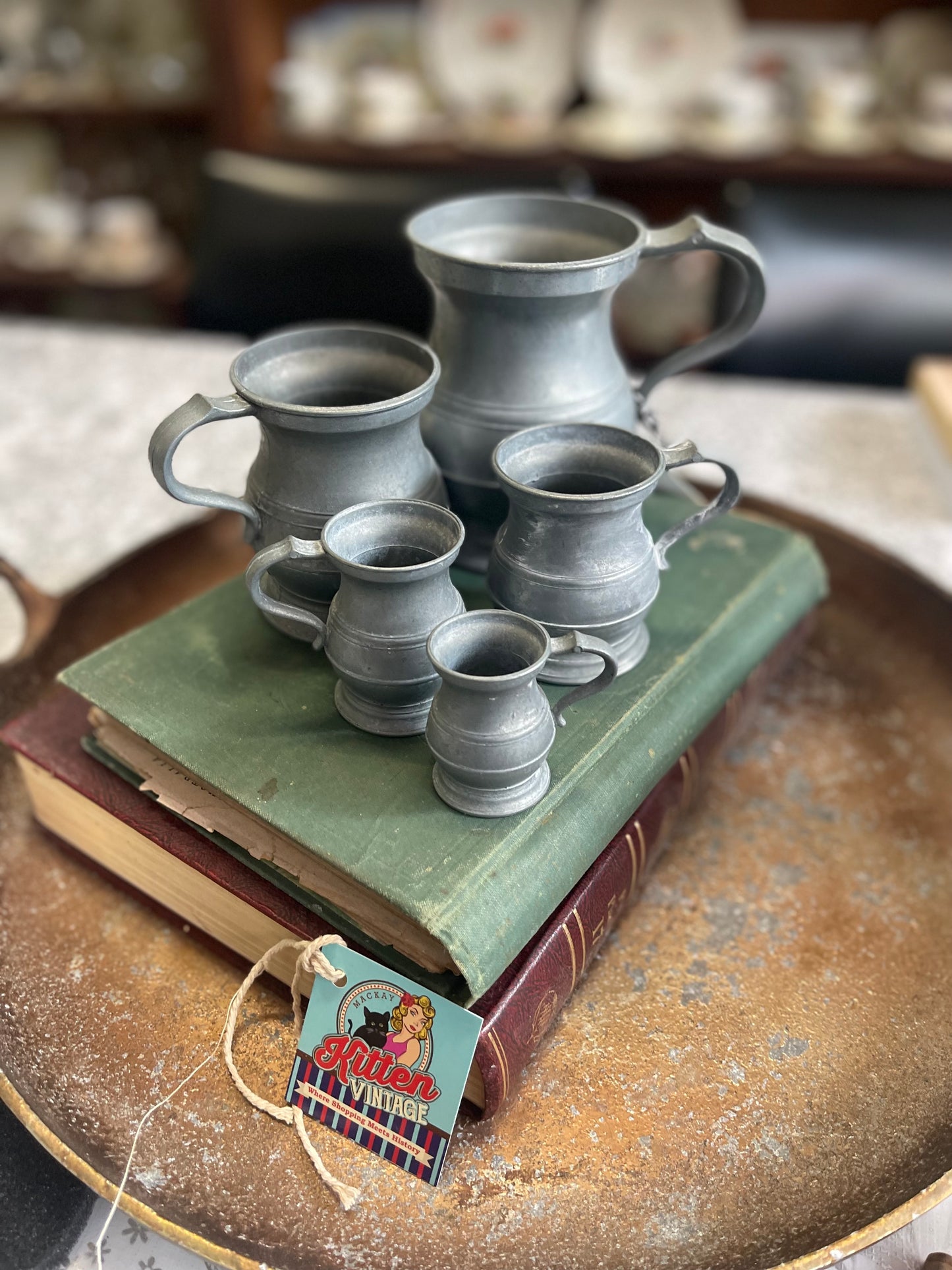 Antique Vintage Set of 5 Graduated Pewter Tankards Angel Makers Mark 2 - 5 inches