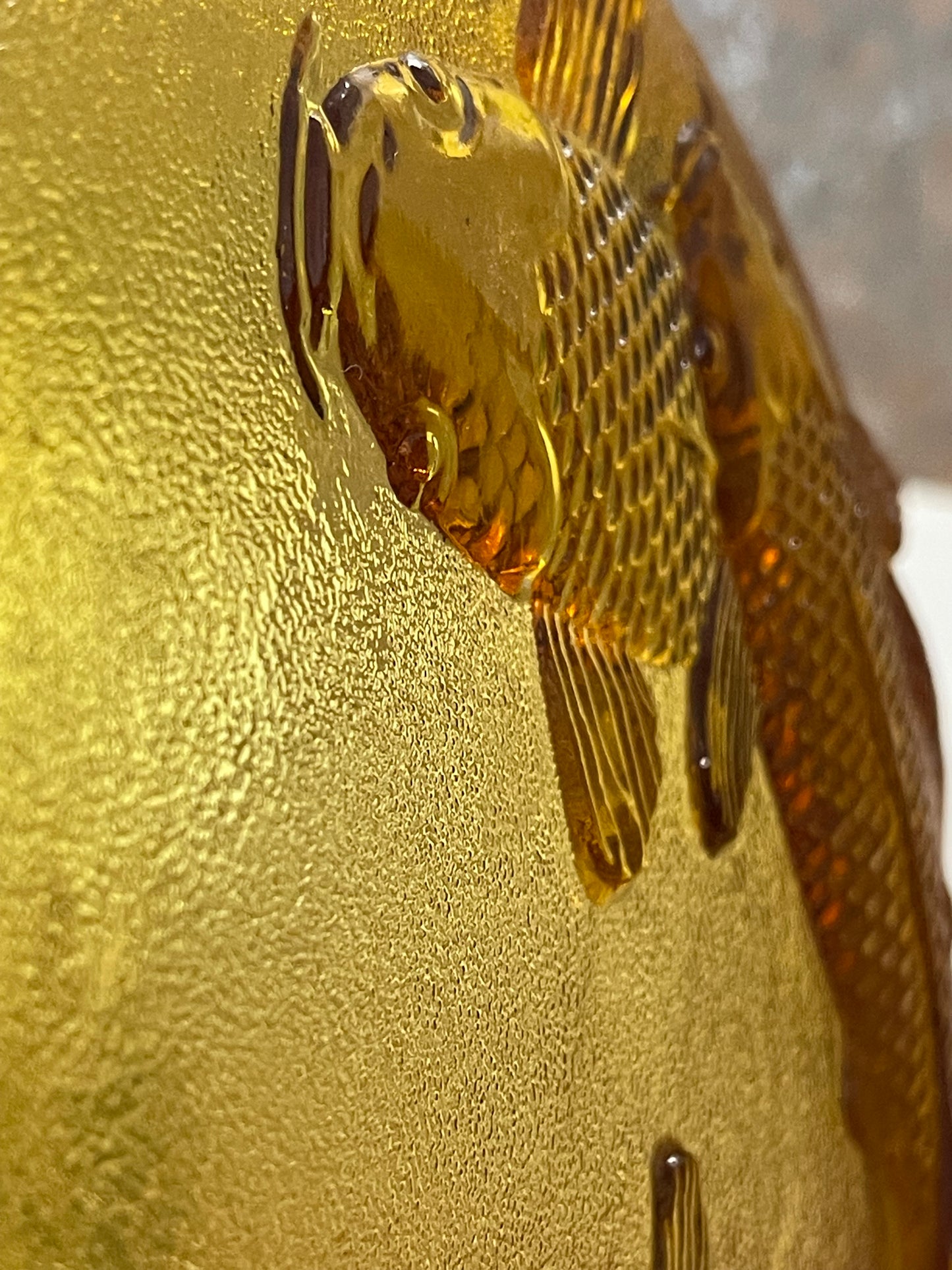 Vintage Amber Glass Plate with Koi Fish Relief – 23 cm