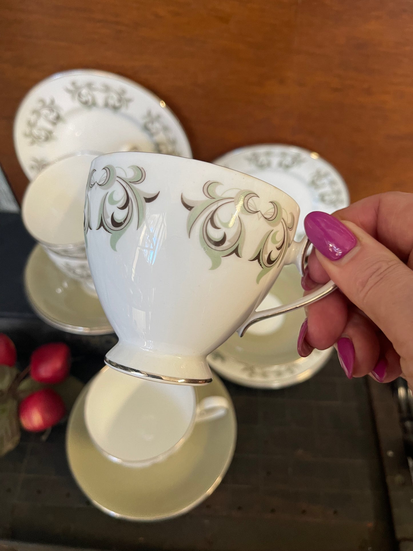 Four Adelphi CUP/SAUCER Trios Quality BONE CHINA Green/White Ridgeway Potteries-England