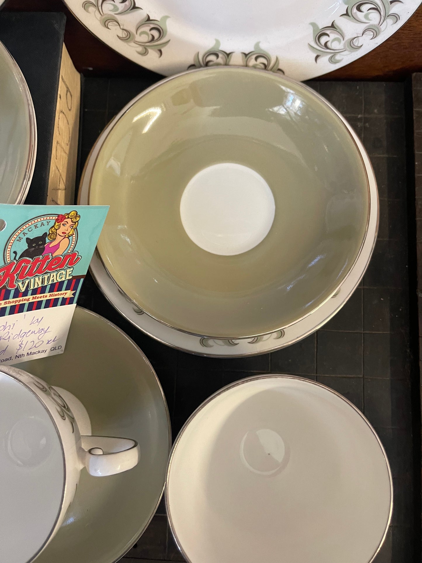 Four Adelphi CUP/SAUCER Trios Quality BONE CHINA Green/White Ridgeway Potteries-England