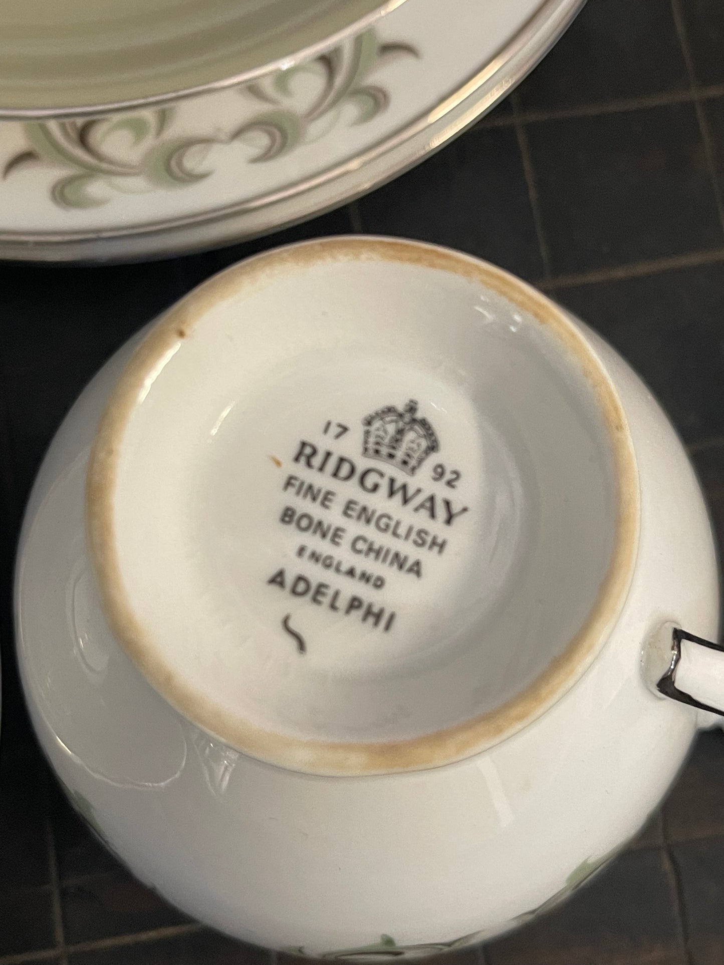 Four Adelphi CUP/SAUCER Trios Quality BONE CHINA Green/White Ridgeway Potteries-England