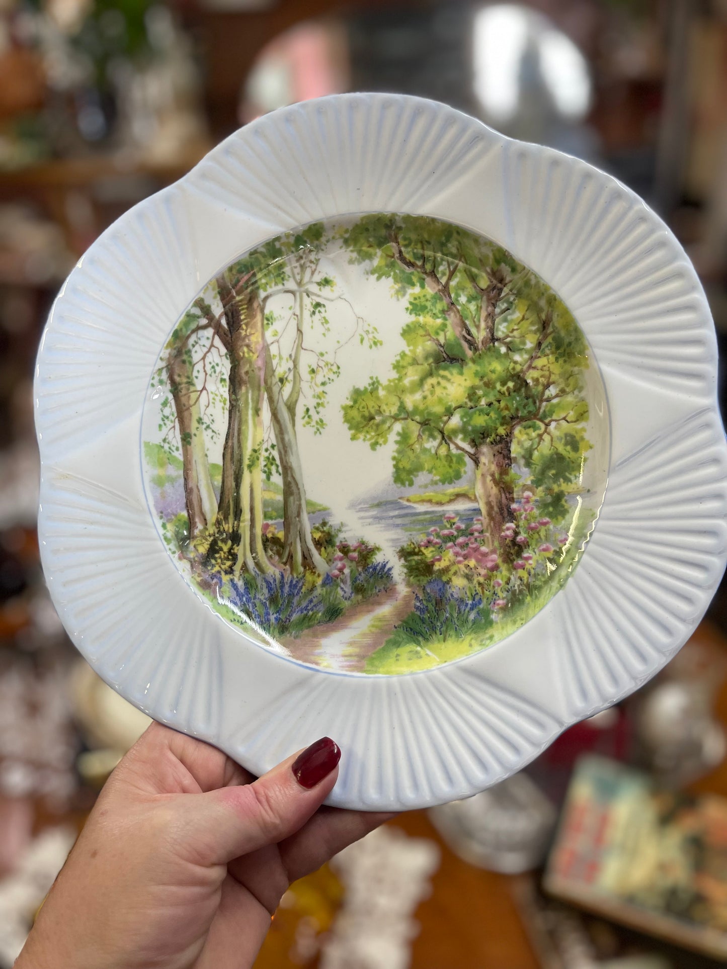 Shelley Woodland Dinner or large cake Plate with scalloped blue border